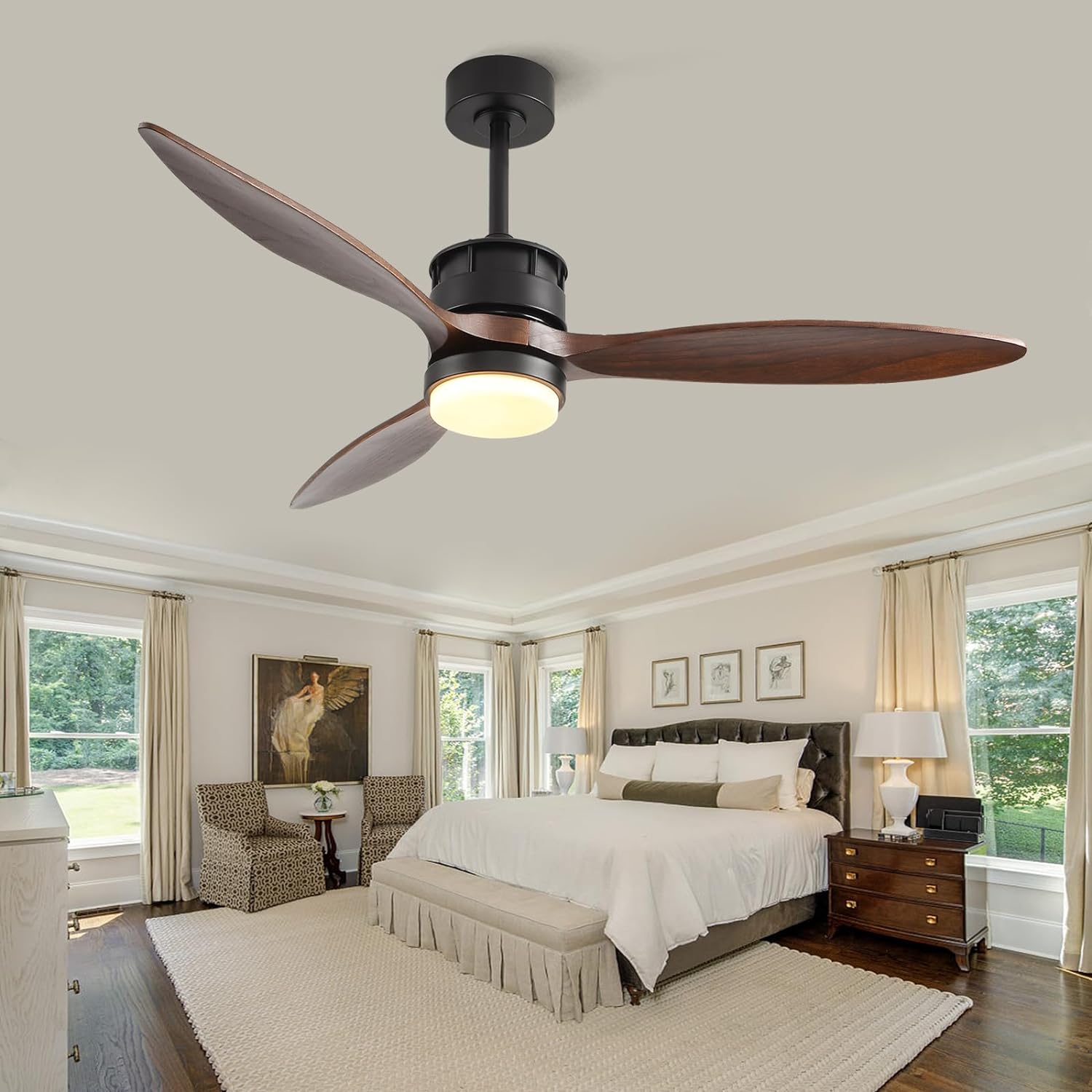 BOJUE Ceiling Fans with Lights, 60 Indoor Outdoor Ceiling Fans, 3 Wooden Blades, Remote Control with Light, Noiseless Reversible DC Motor, Suitable for Terrace/Living Room/Bedroom/Study