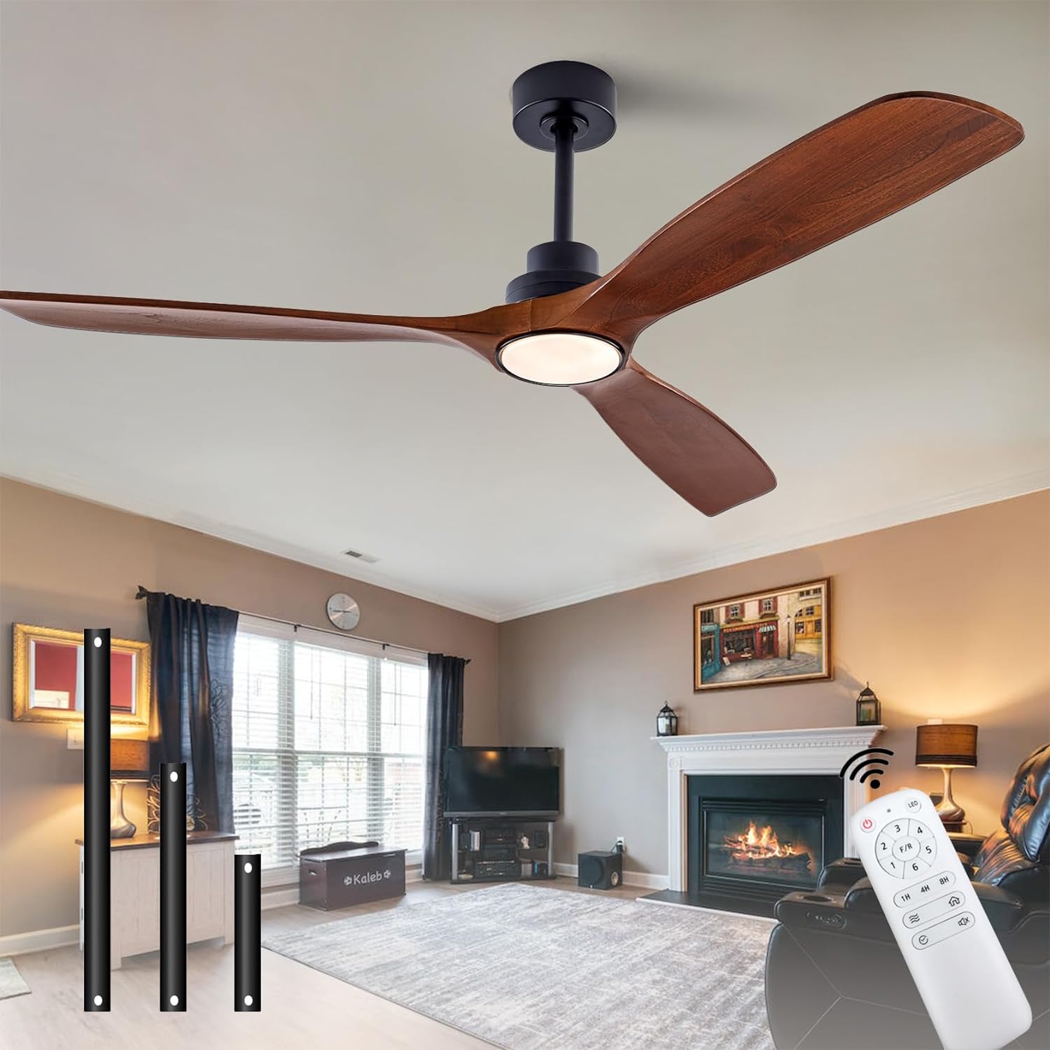 60 Wood Ceiling Fan with Lights Remote Control,Quiet DC Motor 3 Blade Ceiling Fans for Patio Living Room, Bedroom, Office,Indoor Outdoor(Black Walnut)