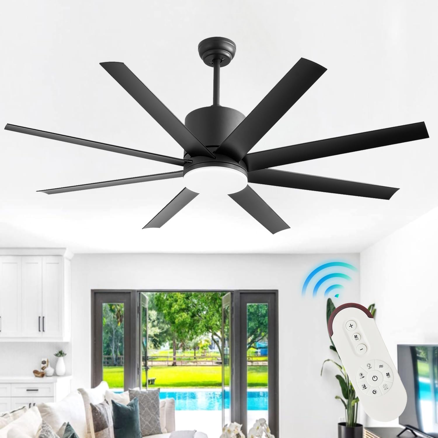 60 inch Ceiling Fan with Light, Black Ceiling Fan with Light Outdoor Ceiling Fan for Bedroom Living Room Patio Porch, Quiet DC Motor, 8 Blades