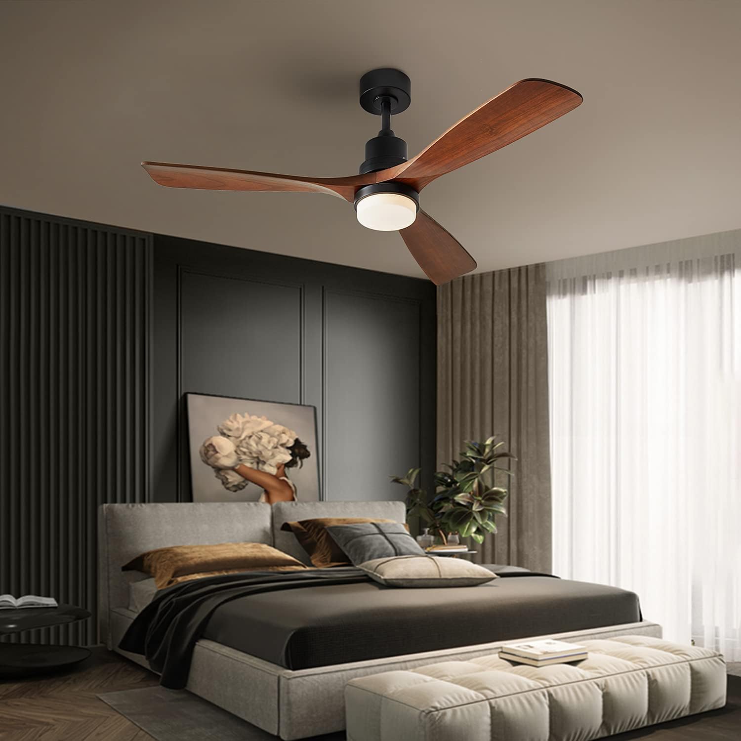 Ceiling Fans with Lights, 60 Wood Ceiling Fan with Remote Control, 3 Walnut Fan Blades Reversible Quiet DC Motor 6 Speeds Timing Farmhouse Ceiling Fan for Patios Bedroom Living Room