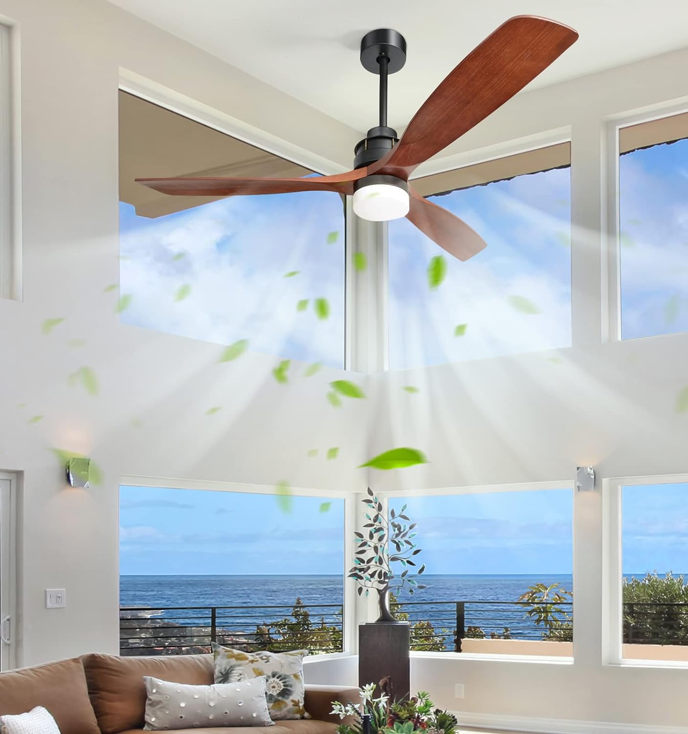 Sofucor 60 Inch Ceiling Fan With Lights Remote Control,Modern 3 Wood Blade Dimmable Ceiling Fans Silent DC Motor Reversible with 6 Speed Timer Indoor Outdoor Ceiling Fans for Bedroom Patios Farmhouse