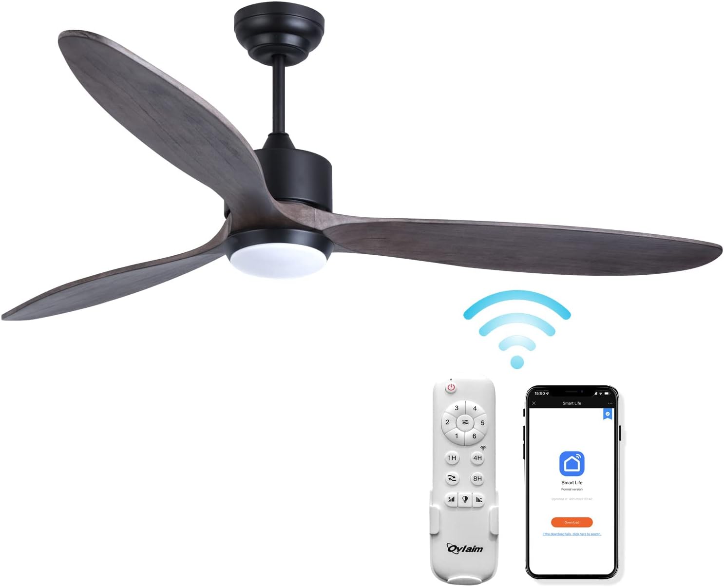 Ovlaim 60 Inch Indoor Outdoor Ceiling Fan with Light and Remote, Quiet DC Motor 3 Blade Wood Propeller Large Smart Ceiling Fan for Living Room Patio