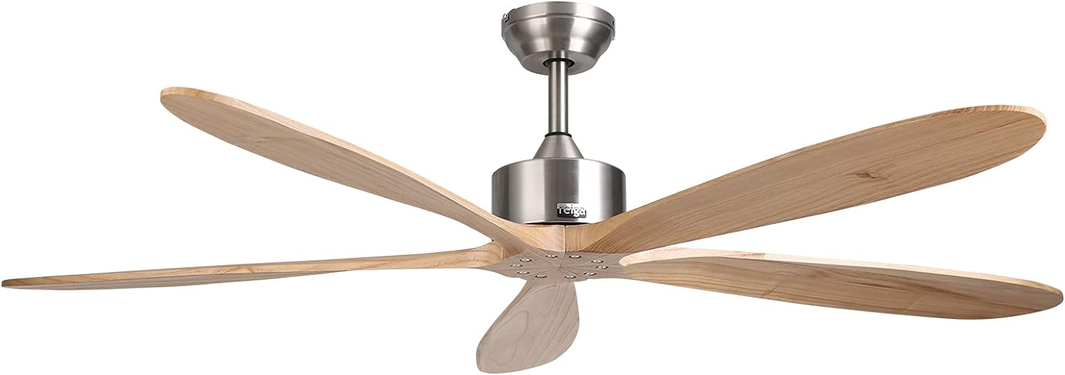 reiga 60 inch DC Ceiling Fan No Light with 2 Downrods, 5 Reversible Carved Natural Wood Blades, Modern Large Ceiling Fans with Remote for Patios, Living Room, Porch, Farmhouse