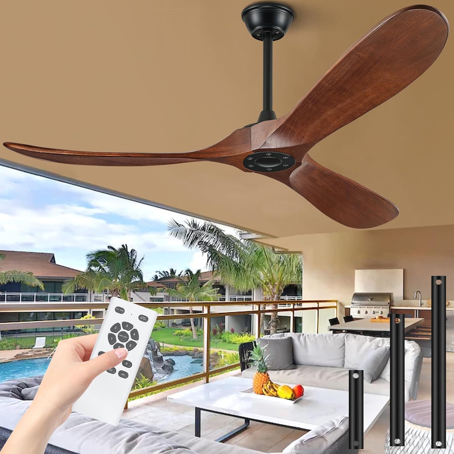 60 inch Ceiling Fan Without Light, Ceiling Fan no Light with Remote Control and Quiet DC Motor, Outdoor Ceiling Fans for Patios without Lights, Solid Wood 3 Blades, ETL Listed- Dark Walnut