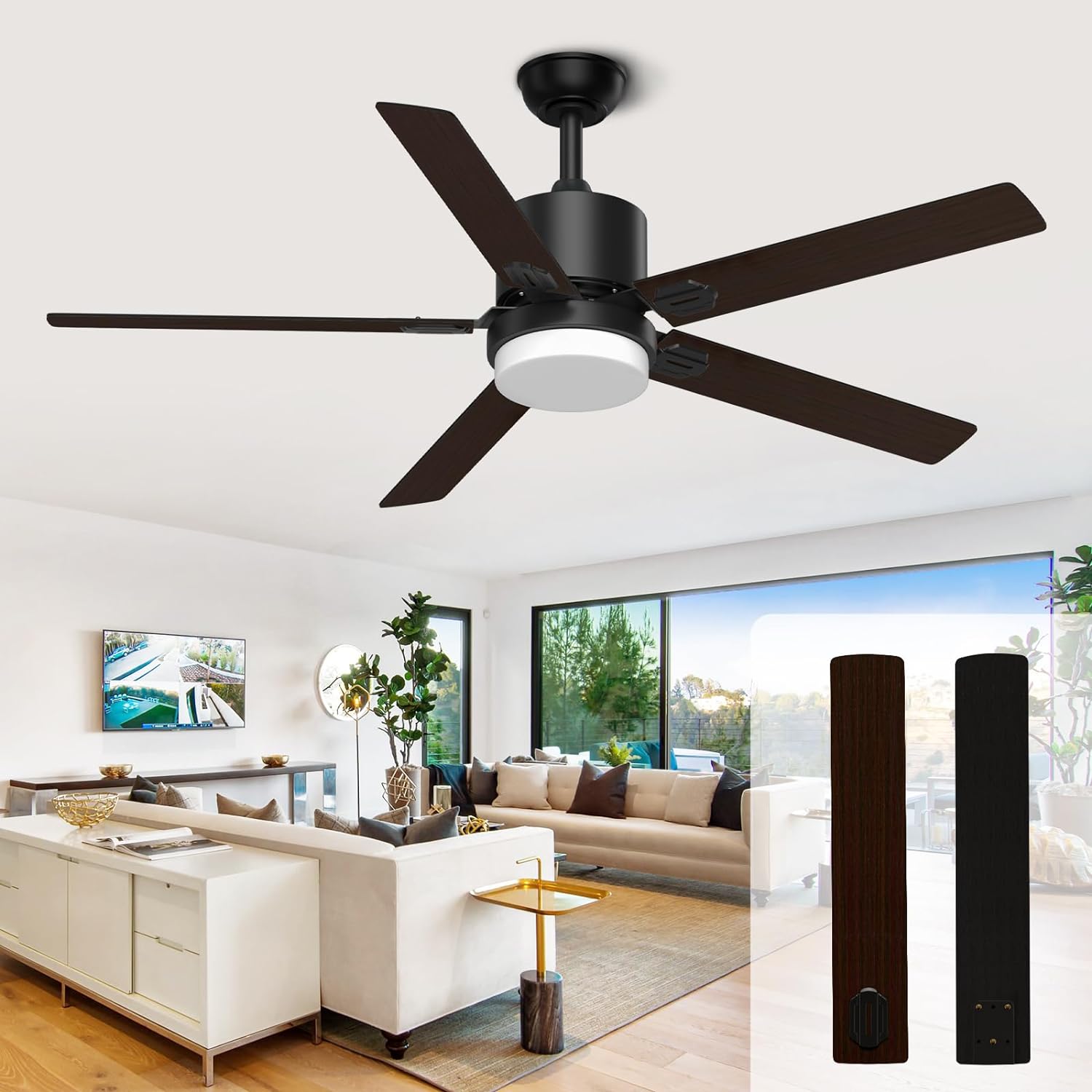 Ceiling Fans with Lights and remote, 60 Inch Black Outdoor Fan with Remote Control for Patio Bedroom Living Room