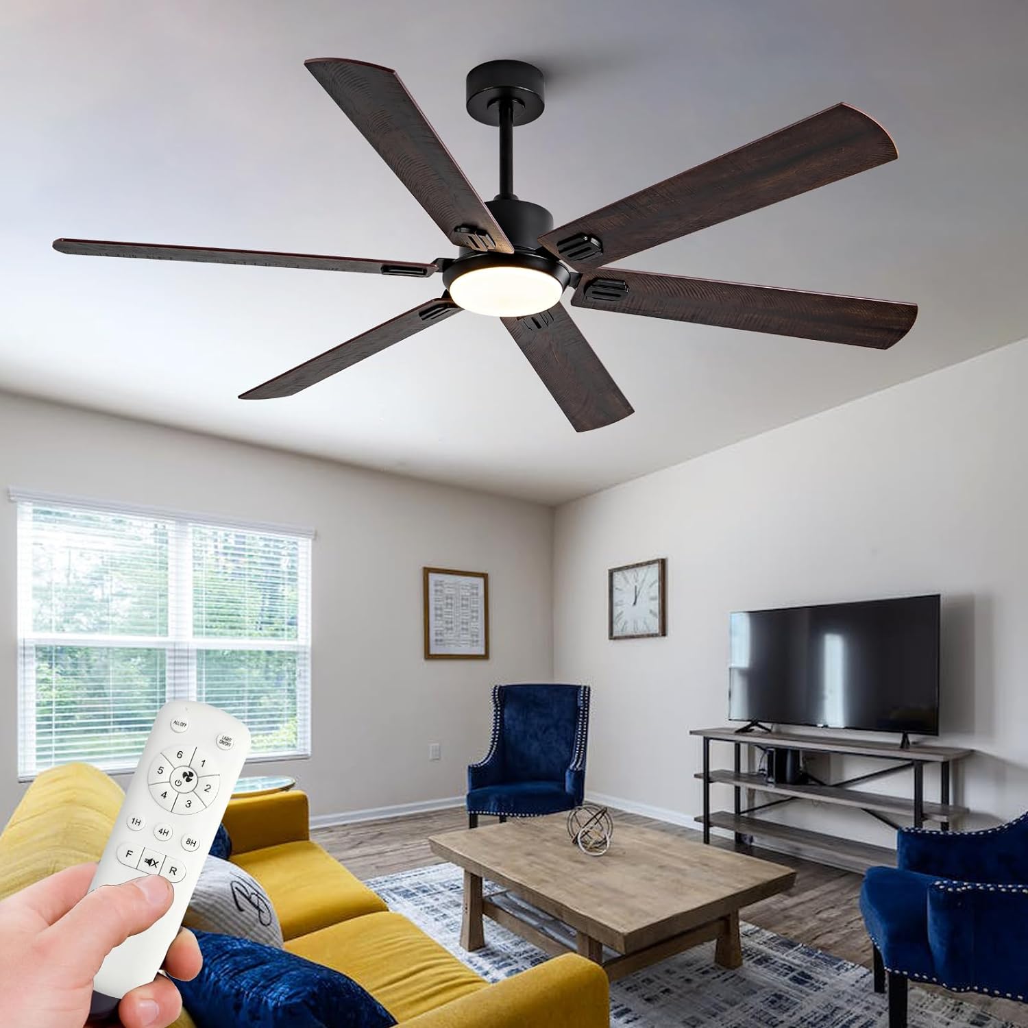 60 Inch Black Ceiling Fans with Lights and Remote Control, Modern Ceiling Fan Light,8 Blades,3 Color LED Light,6 Speed DC Motor,Indoor Outdoor Ceiling Fan for Farmhouse,Bedroom