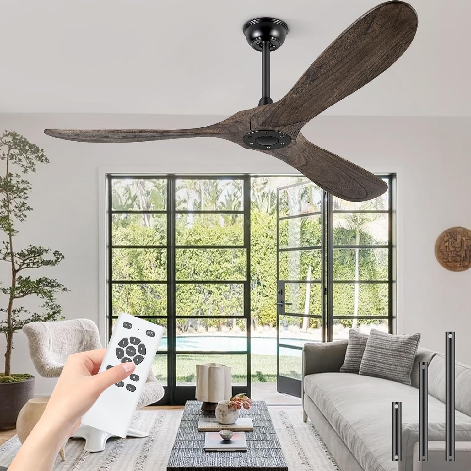 60 Ceiling Fans Without Light, Solid Wood Ceiling Fan with Remote Control and Quiet DC Motor, No Light, Modern Ceiling Fan with 3 Blades, Indoor Outdoor Ceiling Fans for Patios-Deep Brown