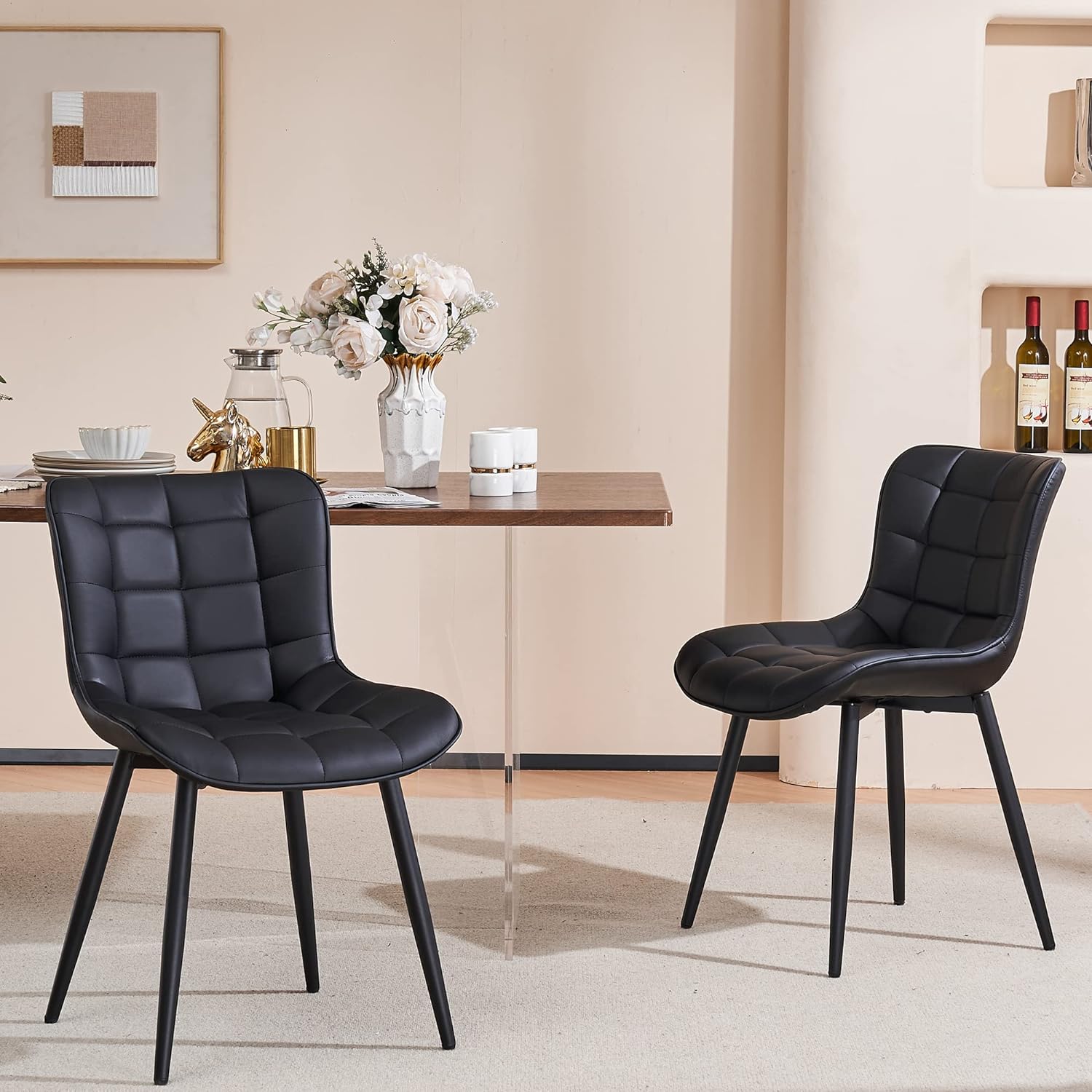 YOUTASTE Dining Chairs Set of 2 Faux Leather Kitchen Dining Chair with Upholstered Seat and Four Metal Legs Living Room Bedroom Leisure Chair (2PCS, Black)