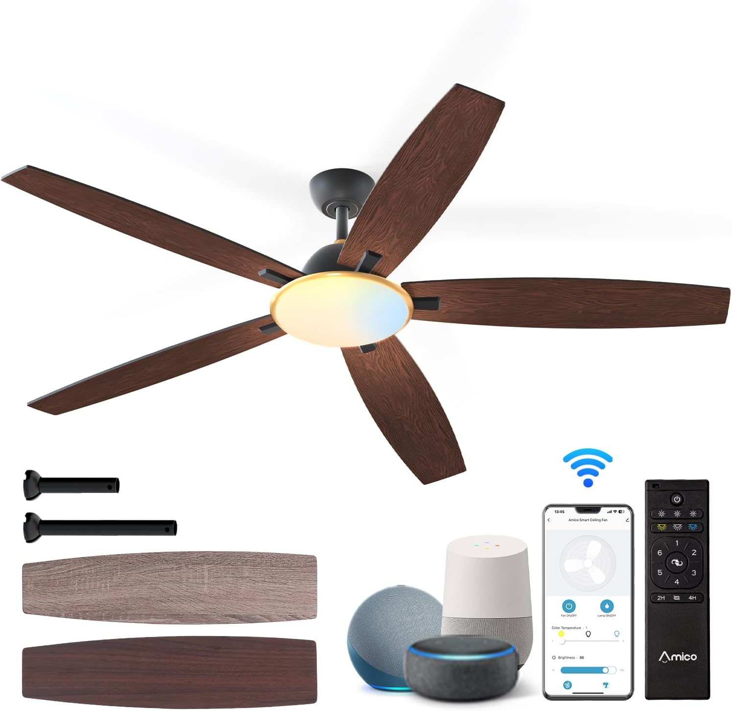 Amico Ceiling Fans with Lights, 52 inch Smart Ceiling Fan with Remote/APP/Alexa Control, Reversible DC Motor, 5 Blades, 6 Speeds, 3CCT, Dimmable, Noiseless, Wifi Ceiling Fan for Bedroom, Farmhouse