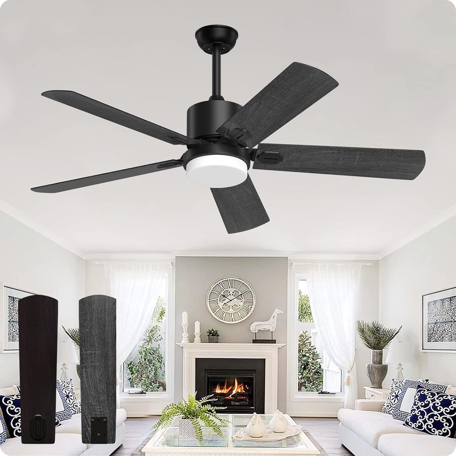 Ceiling Fans with Lights and Remote, 52 Inch Outdoor Modern Black Fan for Bedroom Patios Porch