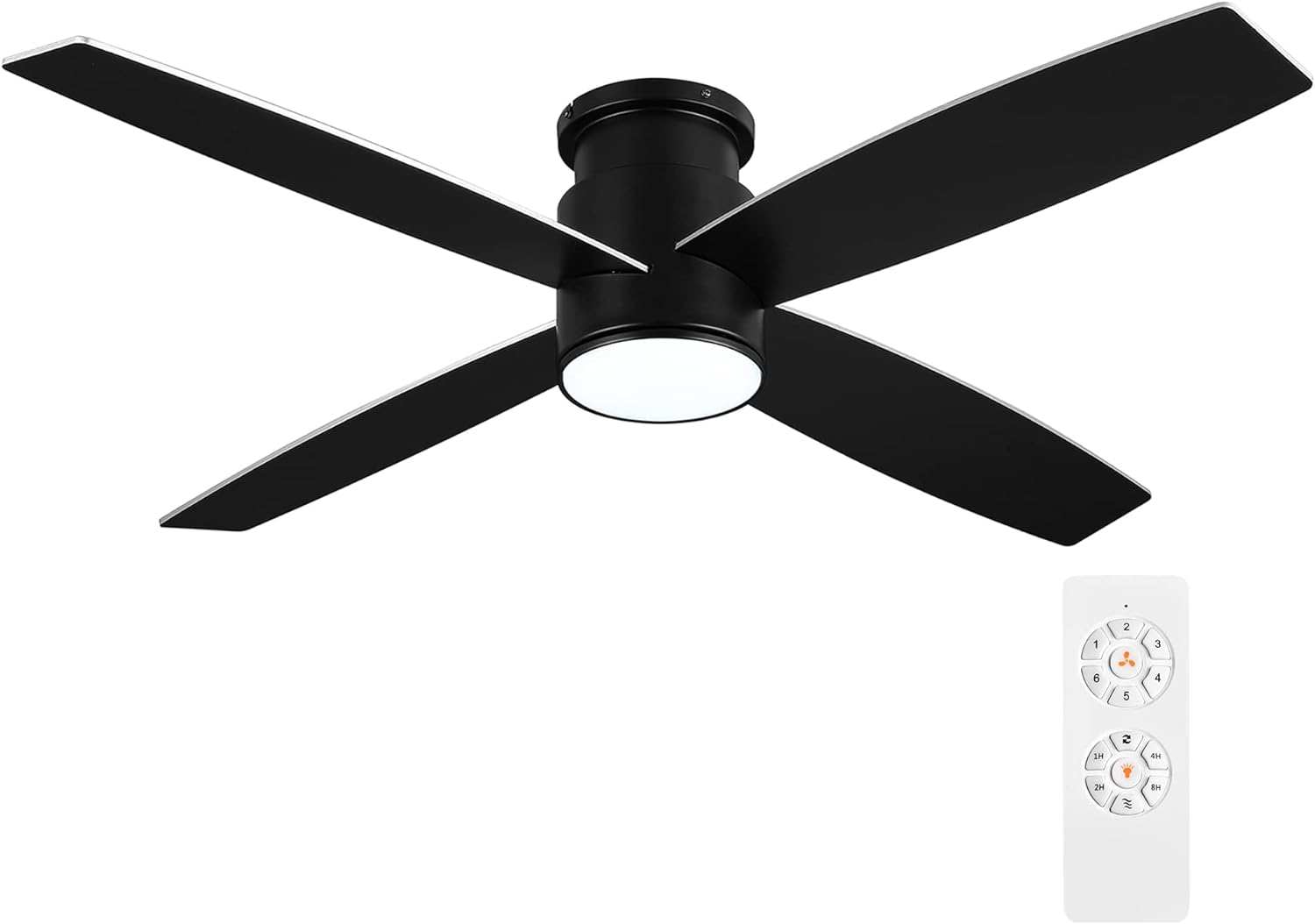 WINGBO 52 Inch Flush Mount DC Ceiling Fan with Lights and Remote, 4 Reversible Blades, Ultra Quiet 6-Speed DC Motor, Hugger Low Profile Indoor Ceiling Fan, Matte Black Finish