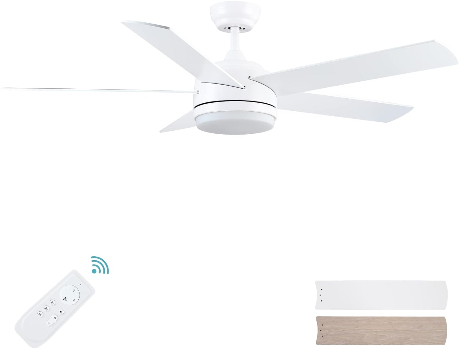 YUHAO 52 inch White Ceiling Fan with Lights and Remote Control,Quiet Reversible Motor,Dimmable tri-Color temperatures LED,5 Blades Modern Ceiling Fan for Indoor.