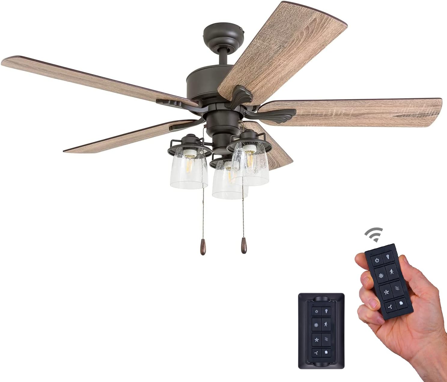 Prominence Home River Run, 52 Inch Farmhouse LED Ceiling Fan with Light, Remote Control, Three Mounting Options, 5 Dual Finish Blades, Reversible Motor - 50683-01 (Bronze)