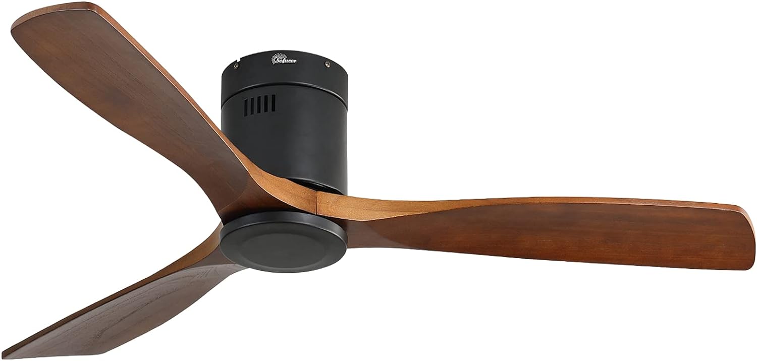 Sofucor 52 Inch Low Profile Ceiling Fan 3 Carved Wood Fan Blade Noiseless Reversible DC Motor Remote Control Without Light Flush Mount Farmhouse Ceiling Fan No Light for Low Ceiling