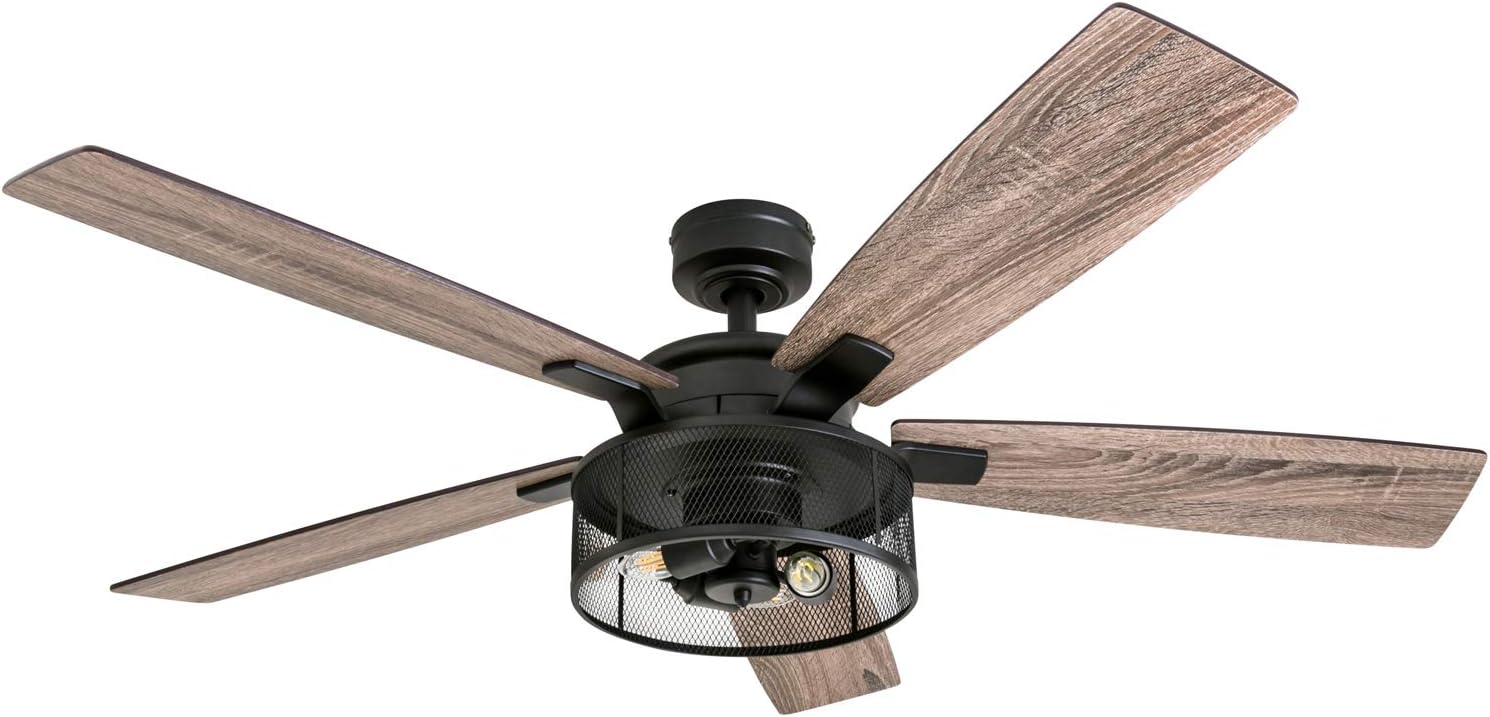 Honeywell Ceiling Fans Carnegie, 52 Inch Industrial Style Indoor LED Ceiling Fan with Light, Remote Control, Dual Mounting Options, 5 Dual Finish Blades, Reversible Airflow - 50614-01 (Matte Black)