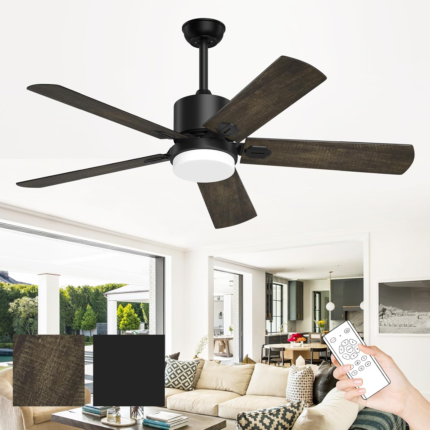 Obabala Ceiling Fans with Lights and Remote, Outdoor Black Fan with Lights for Patio Farmhouse Bedroom52 Inch