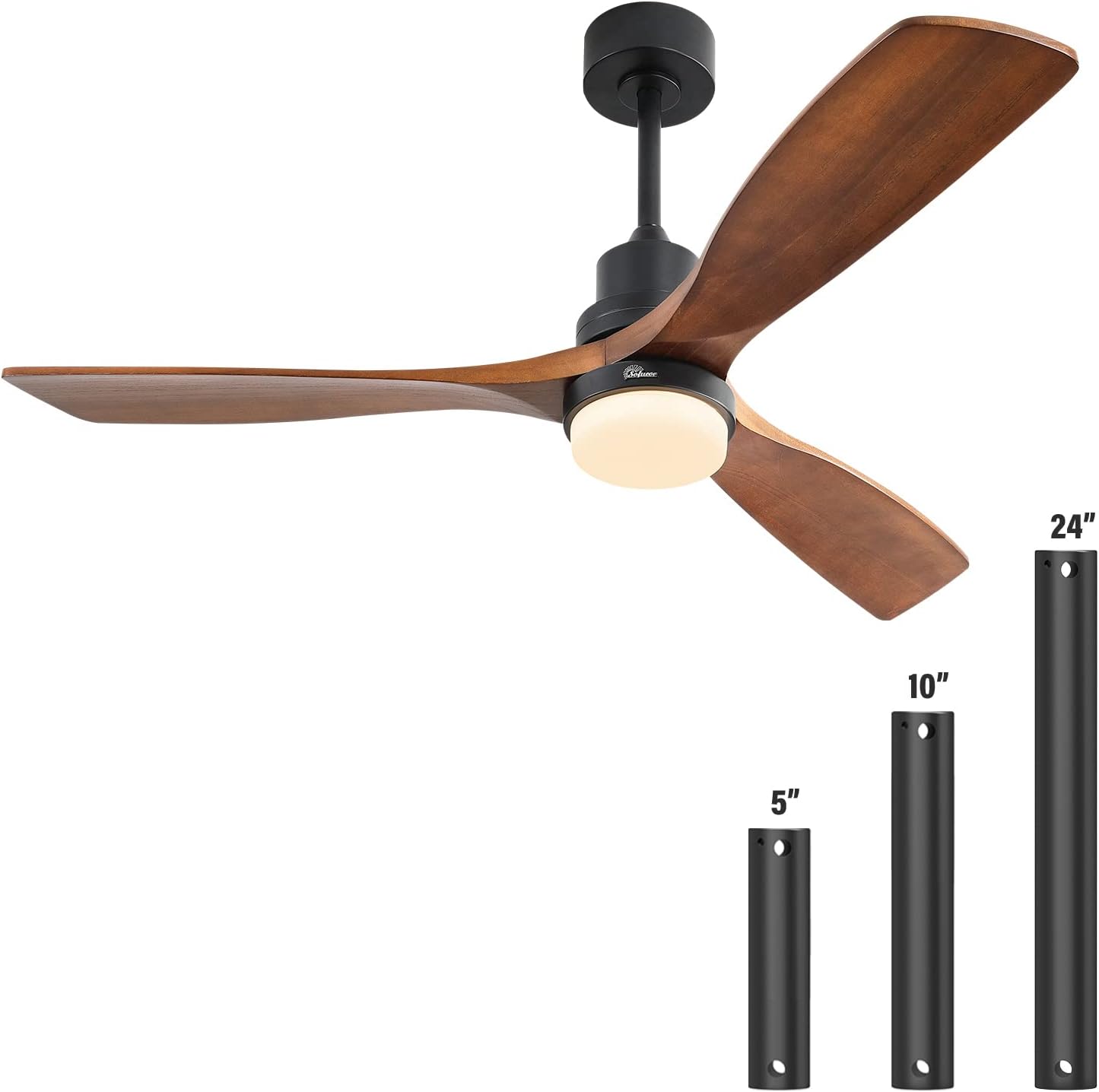 Sofucor 52 Inch Wood Ceiling Fan With Lights Remote Control Dimmable LED Light 3 Walnut Fan Blades Reversible DC Motor Modern Ceiling Fan with 3 Downrods(5 inch/10 inch/24 inch) for Farmhouse/Patios