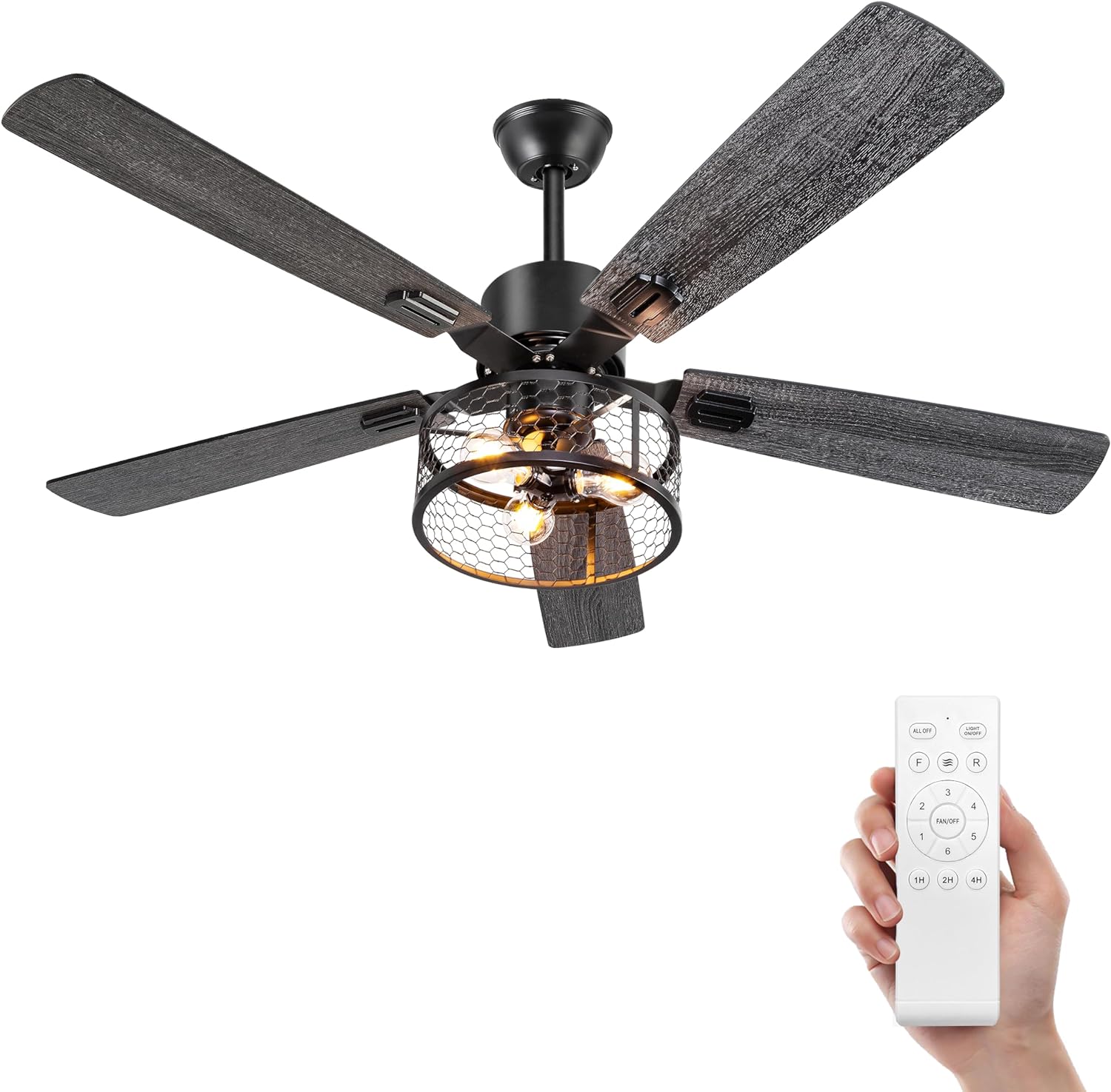 Ohniyou 52 Inch Farmhouse Ceiling Fan with Lights and Remote,3-Lights Ceiling Fan with Caged Light Fixture,Rustic Ceiling Fan for Patio, Livingroom, Bedroom, Dining Room