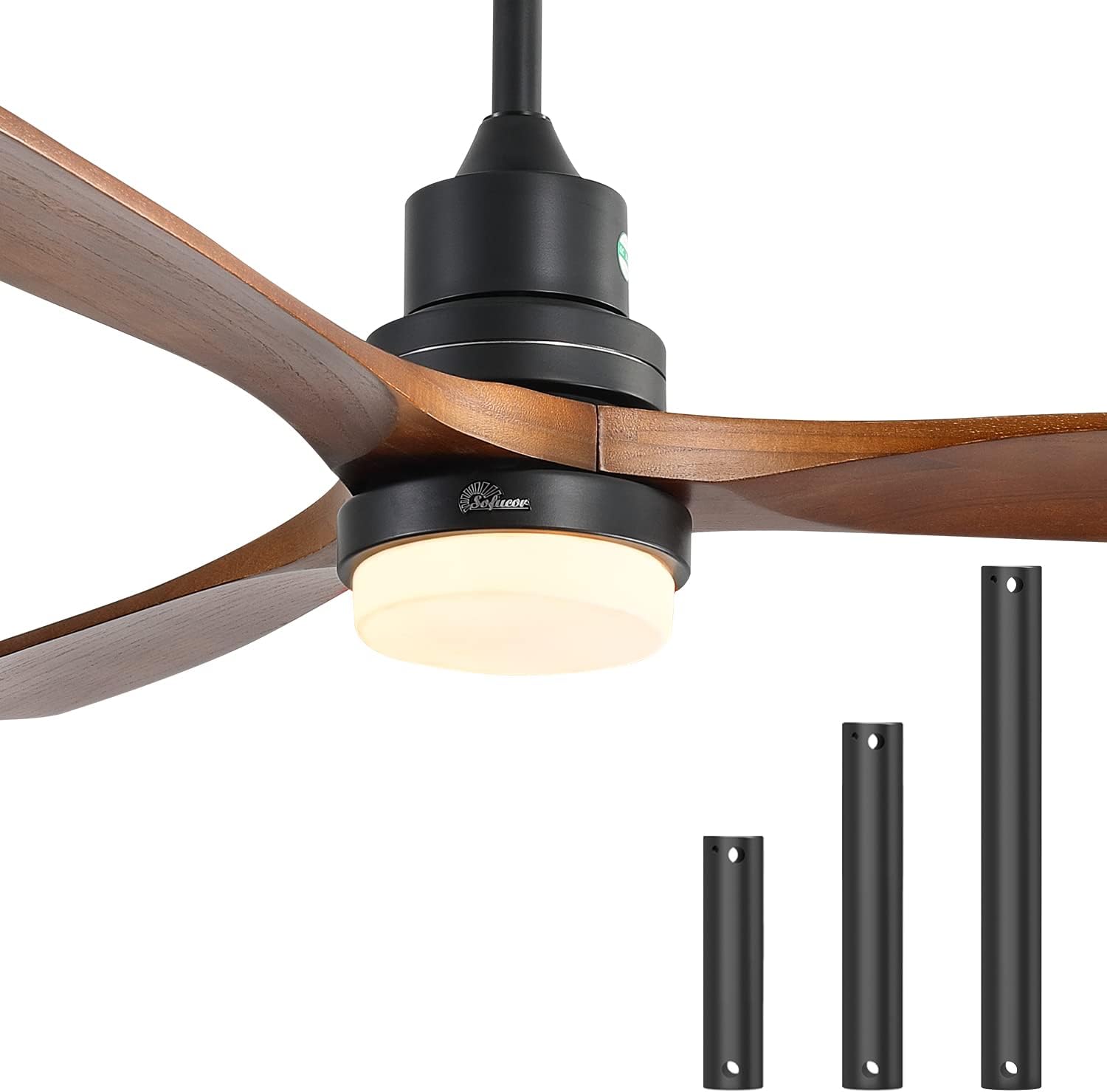 Sofucor 52 Ceiling Fan with Lights Remote Control, 3 Poles for Indoor Outdoor Ceiling Fan with Remote, Reversible Noiseless ETL Motor, 3 Walnut Wooden Blades