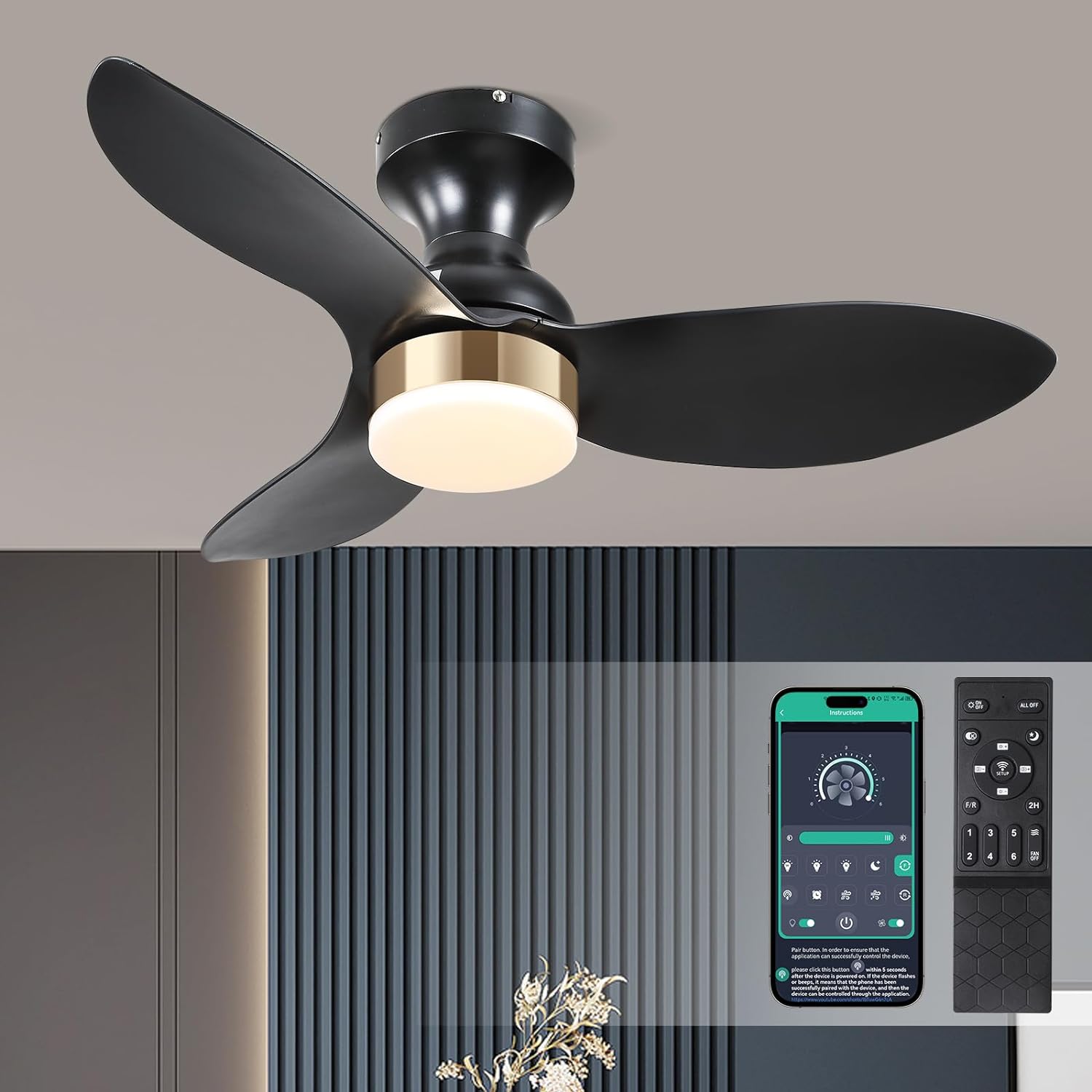 Low Profile Flush Mount Ceiling Fans with Lights and Remote&APP,34in Black Modern Ceiling Fans for Outdoor Patio,Small Room,Bedroom