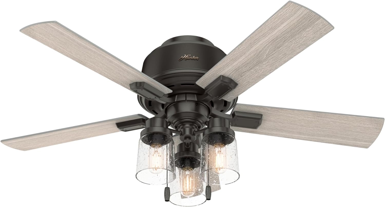 Hunter Hartland Low Profile Indoor Ceiling Fan with LED Lights and Pull Chain, 44, Noble Bronze