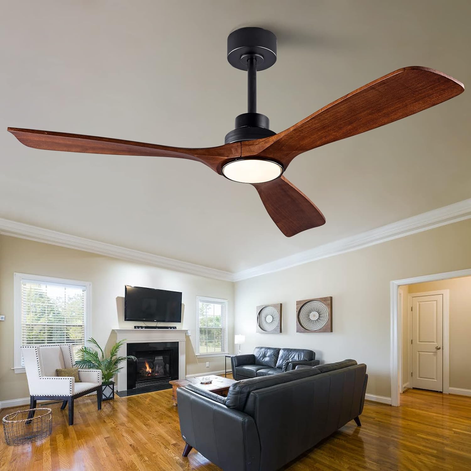 52 Wood Ceiling Fan with Lights Remote Control,Quiet DC Motor 3 Blade Ceiling Fans for Patio Living Room, Bedroom, Office,Indoor Outdoor(Black+Dark Walnut)