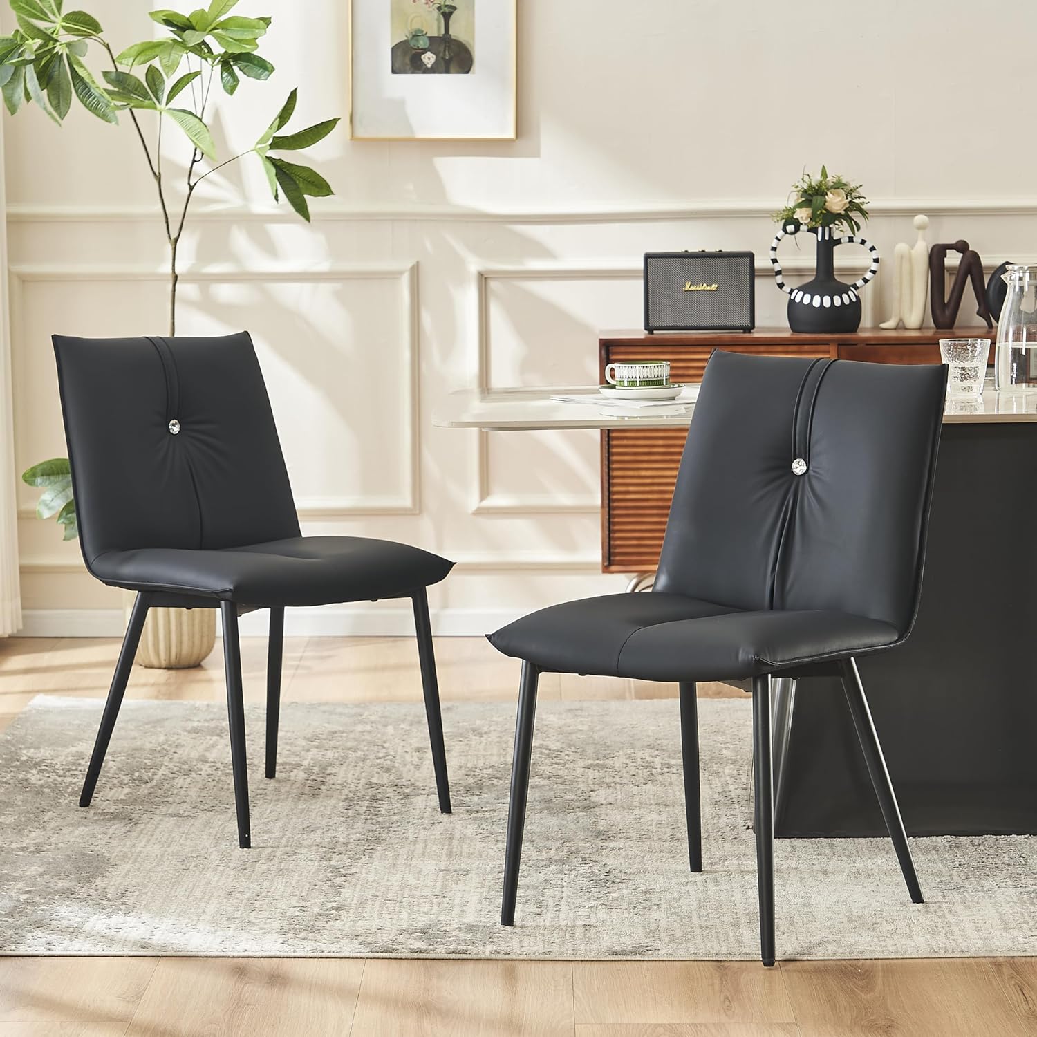 YOUTASTE Black Dining Chairs Set of 2,Kitchen Dining Room Soft Padded Chairs,Leather Upholstered Armless Chairs with Metal Legs for Dining Table.