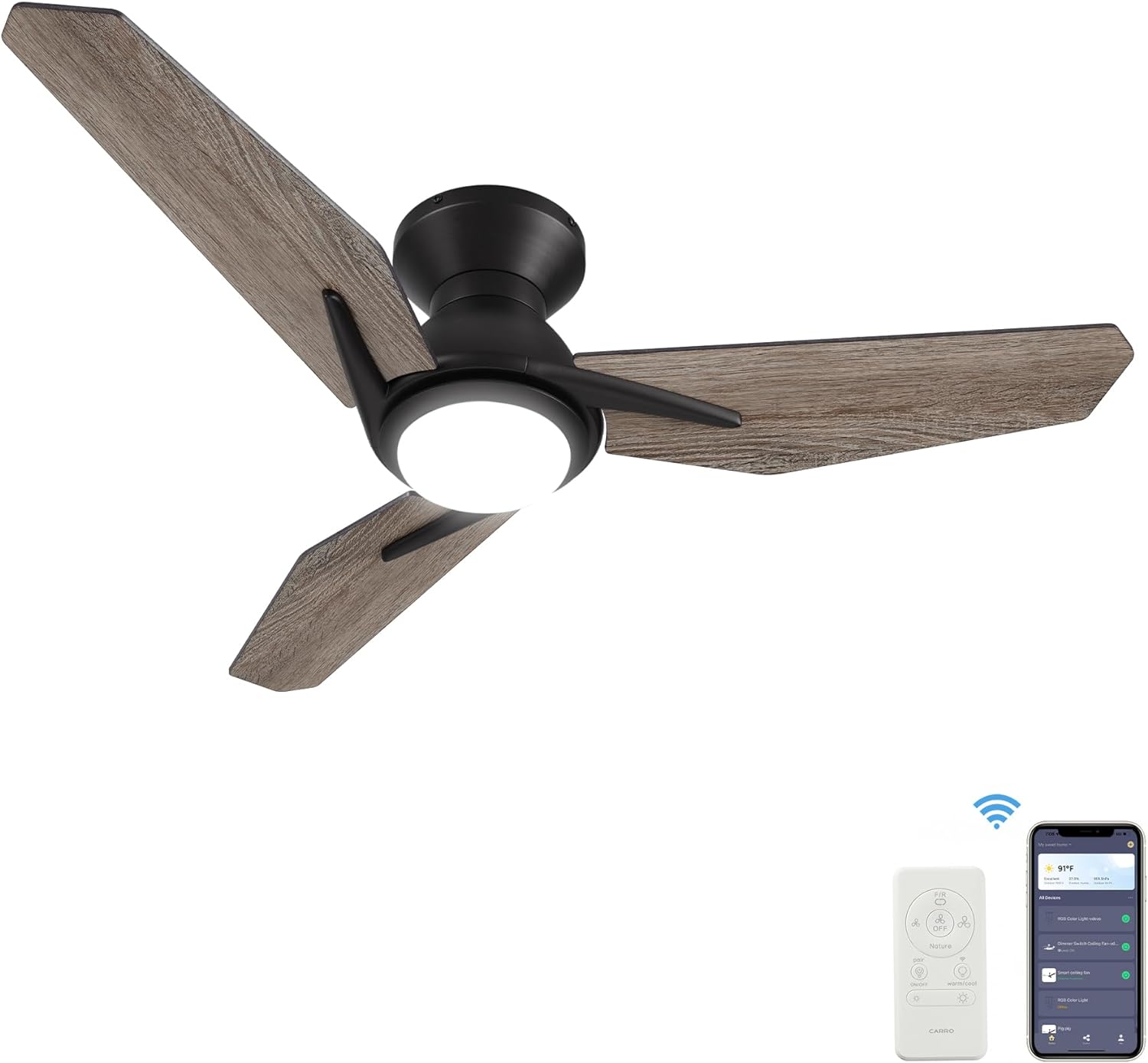 SMAAIR 44 Inch Smart Ceiling Fan with Light, Indoor/Outdoor Ceiling Fan, Compatible with DC Motor,10-speed,8 Hours Timer, Works with Remote Control/Alexa/Google Assistant (Wood)