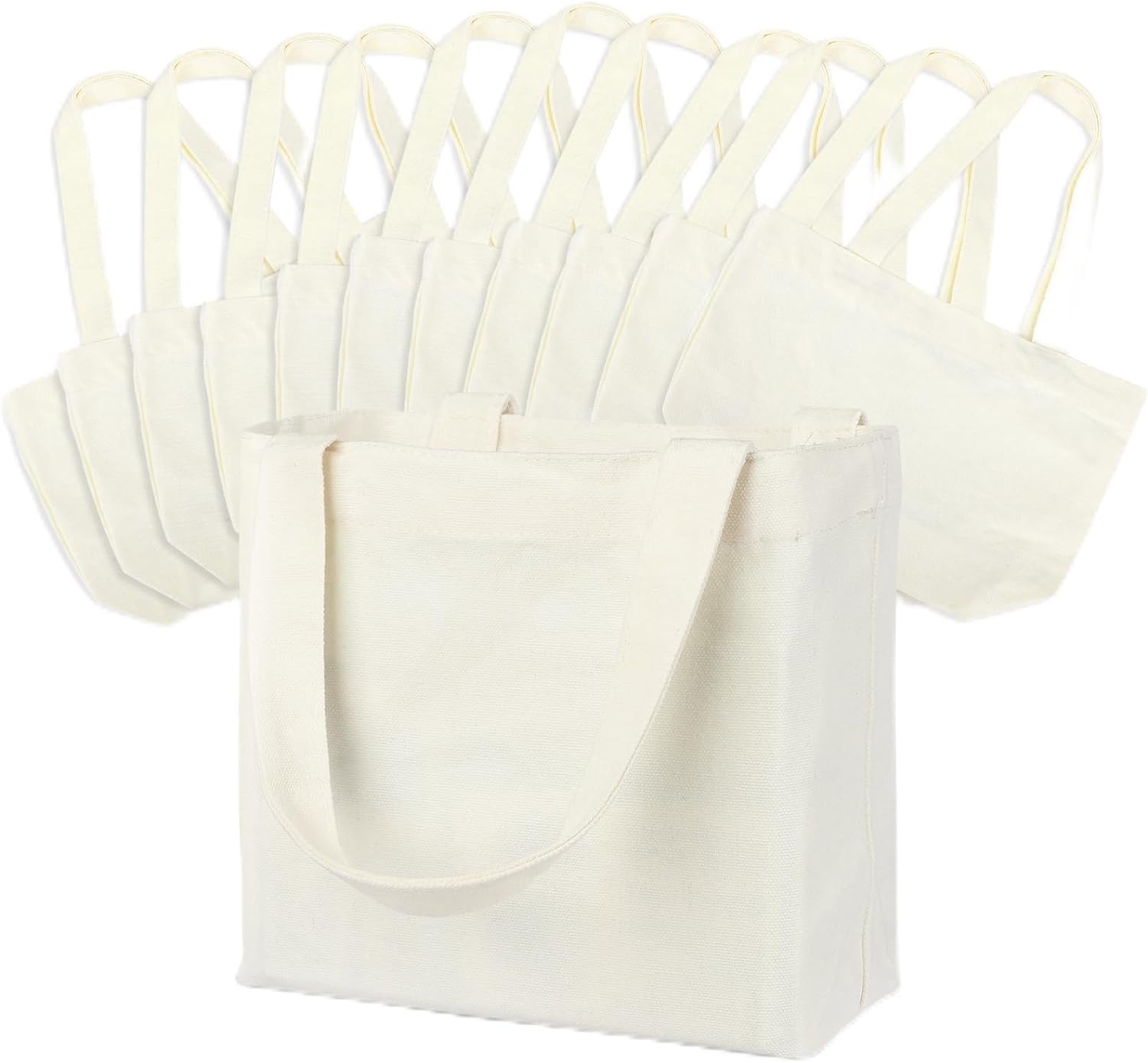 12 Pack Blank Canvas Tote Bags Bulk, 7.9 x7.9 x3.9inch Cloth Bags with Bottom Gusset, Reusable Canvas Grocery Bags with Shoulder Handles for Shopping Travel Beach, White Cotton Bags for Craft