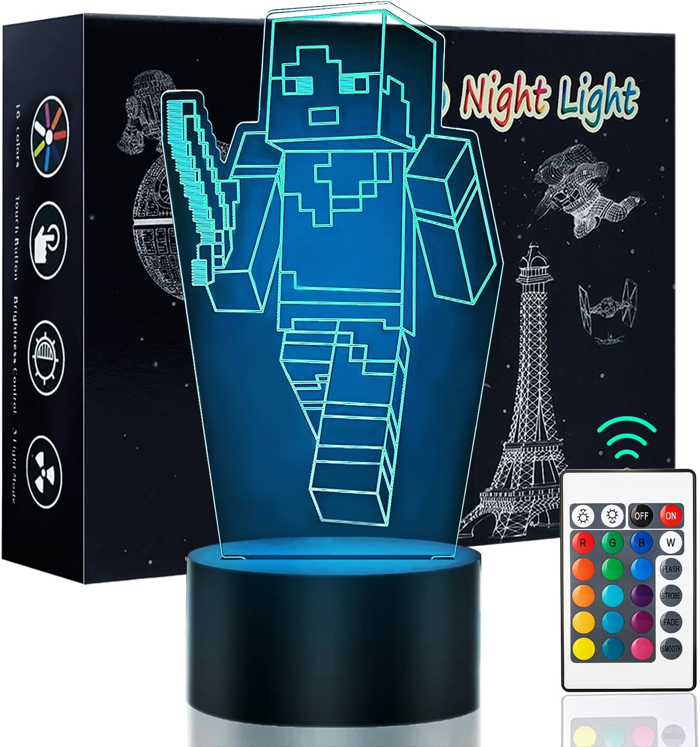 3D Night Light for Kids, 16 Colors Illusion Table Lamp with Remote Control, USB Rechargeable Dimmable Bedside Desk Light for Children Christmas Gifts Birthday Bedroom Decoration