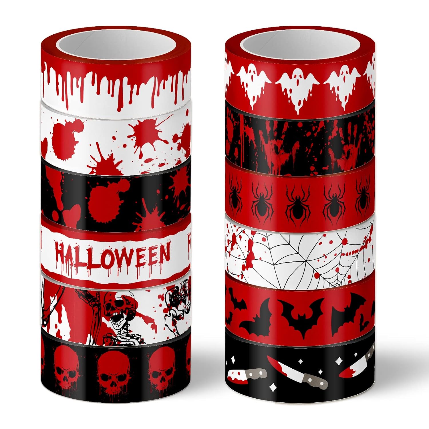 Whaline 12 Rolls Halloween Bloody Washi Tapes Blood Spatter Spooky Bloodstain Skull Ghost Masking Tapes 15mm Scary Bloody Washi Tape Set for Scrapbook Journal DIY Craft Gift Wrapping, 16.4Ft