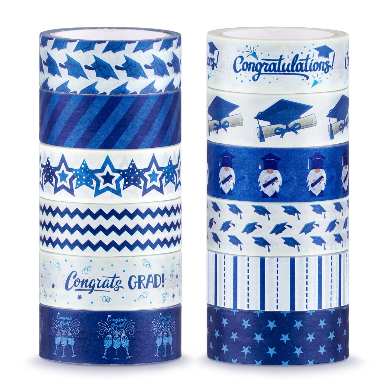 Whaline 12 Rolls Graduation Washi Tape Blue White Congrats Grad Washi Masking Tape Congratulations Star Grad Cap Decorative Paper Stickers for Graduation Scrapbook Gift Wrapping DIY Art Crafts