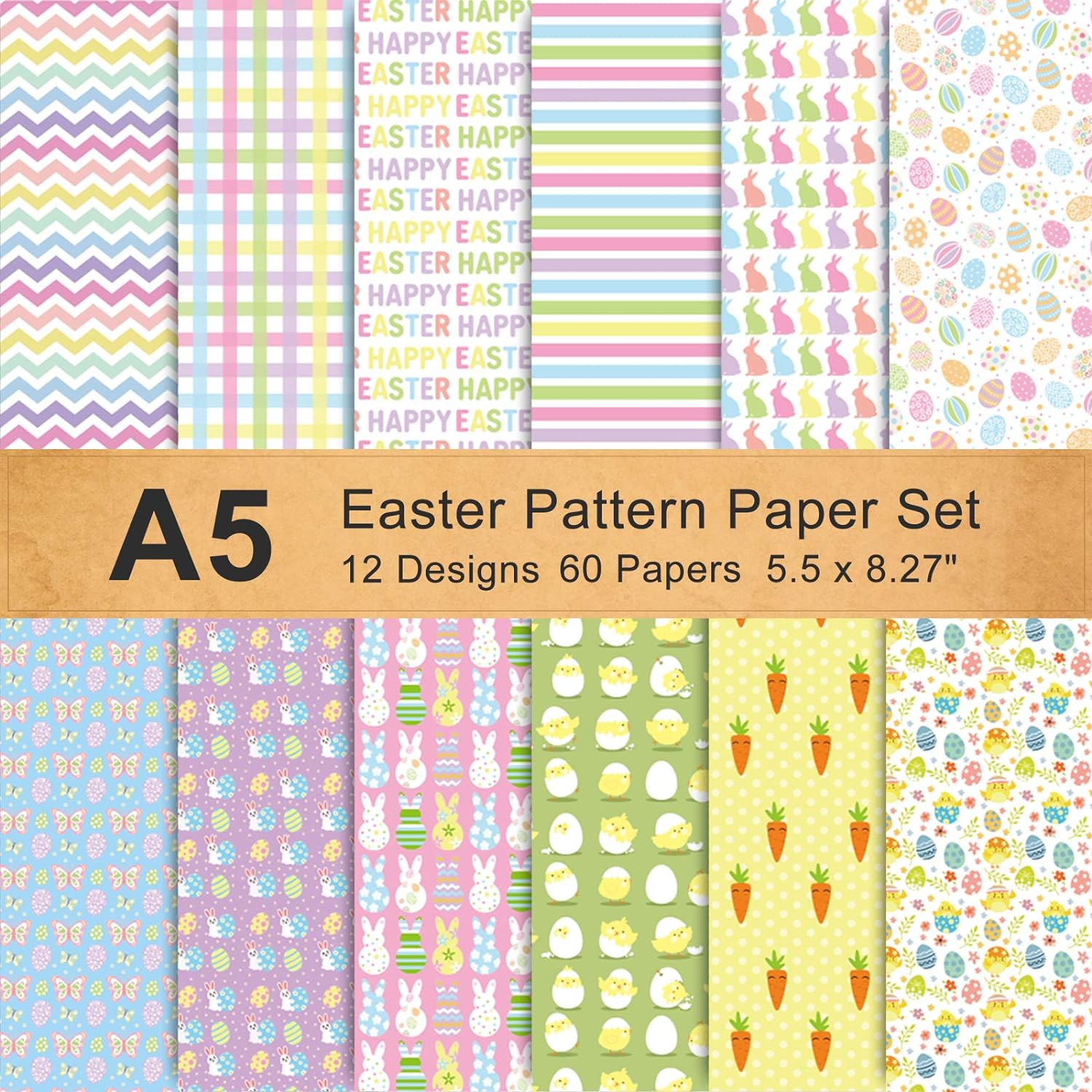 Whaline 60 Sheet Spring Easter Pattern Paper Set A5 Size 12 Designs Double-Sided Plaid Bunny Rabbit Egg Craft Paper Holiday Decorative Origami Paper for Card Making Die Cuts Scrapbook Gift Decoration