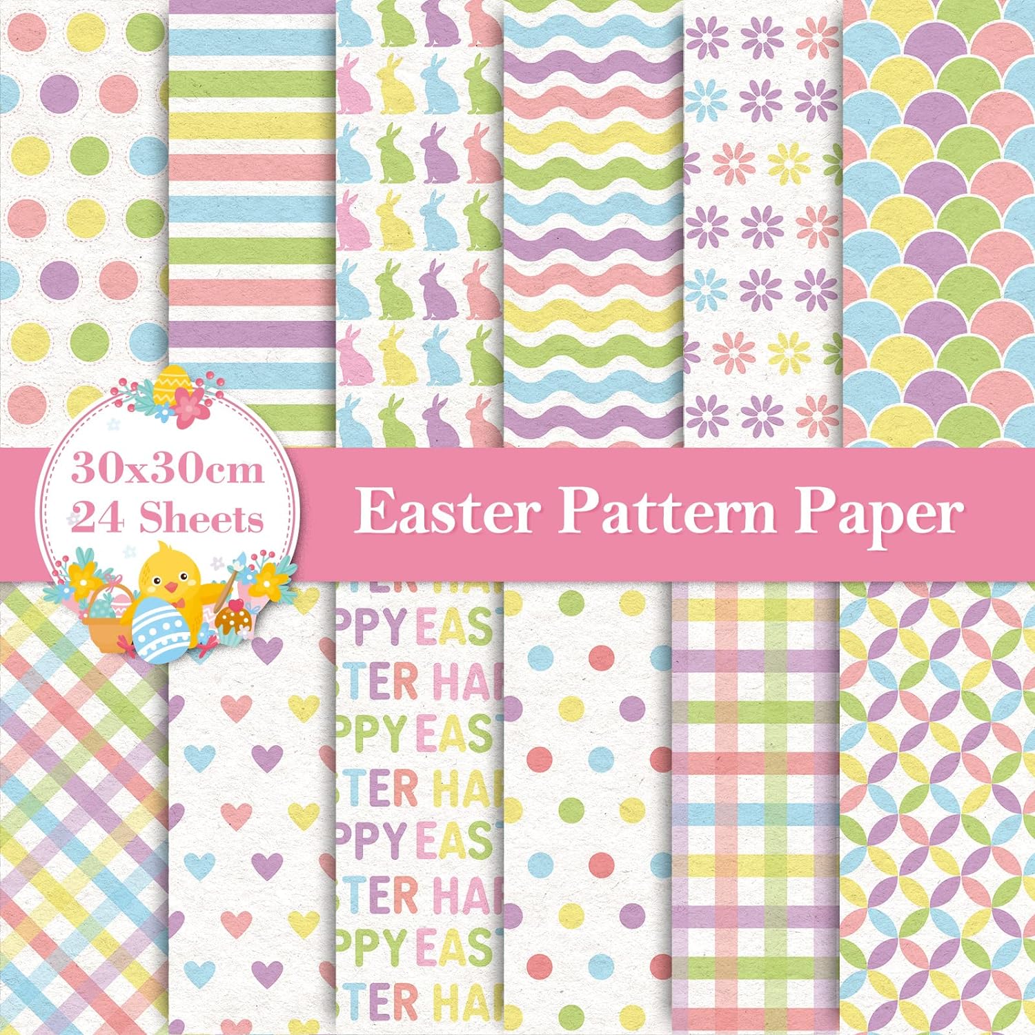 Whaline 12 Designs Easter Pattern Paper 24 Sheet Happy Easter Pastel Scrapbook Paper Double-Sided Spring Decorative Craft Paper Folded Flat for Card Making Scrapbook Photo Album Decor, 30 x 30cm