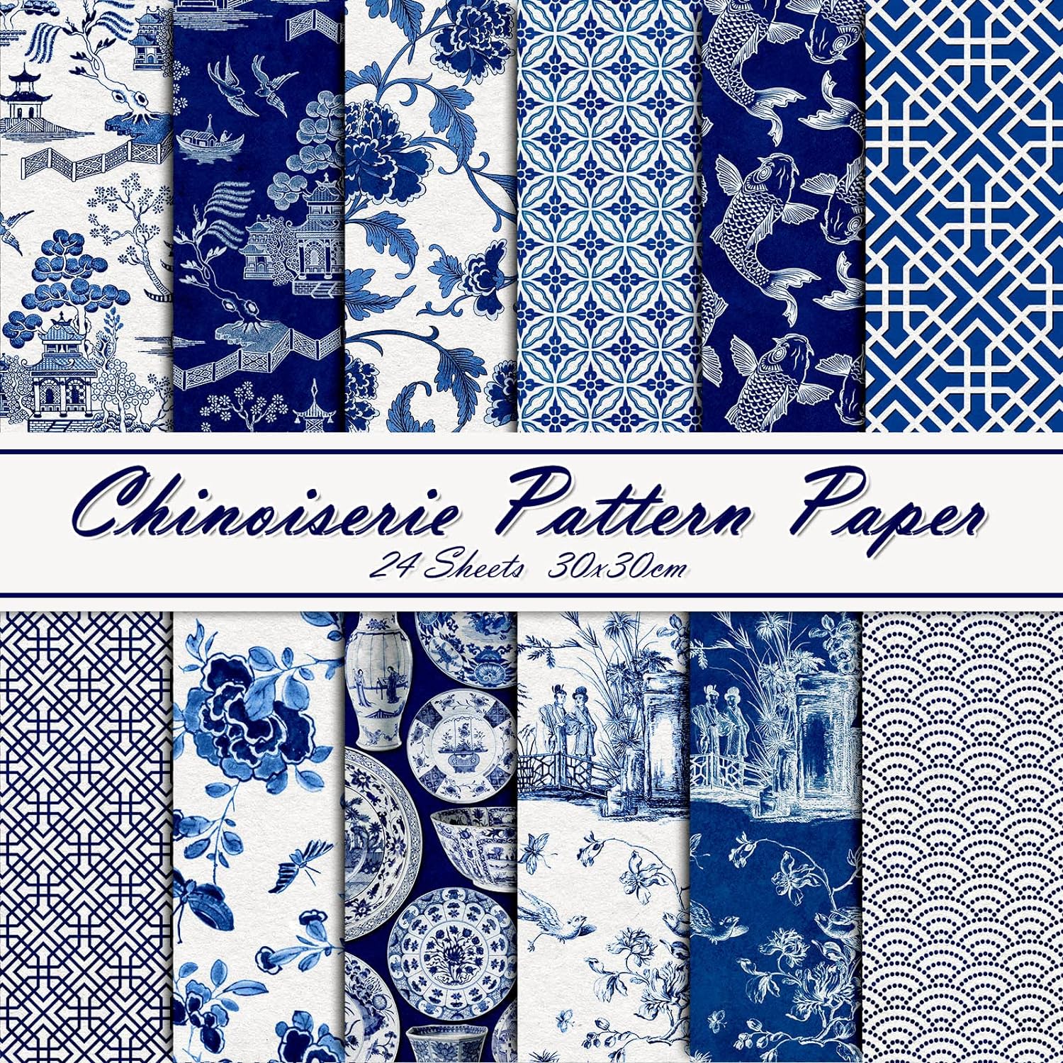 Whaline 12 Design Chinoiserie Pattern Paper 24 Sheet Blue China Scrapbook Specialty Paper Double-Sided Collection Oriental Decorative Craft Paper Folded Flat for Chinoiserie Card Making Scrapbook