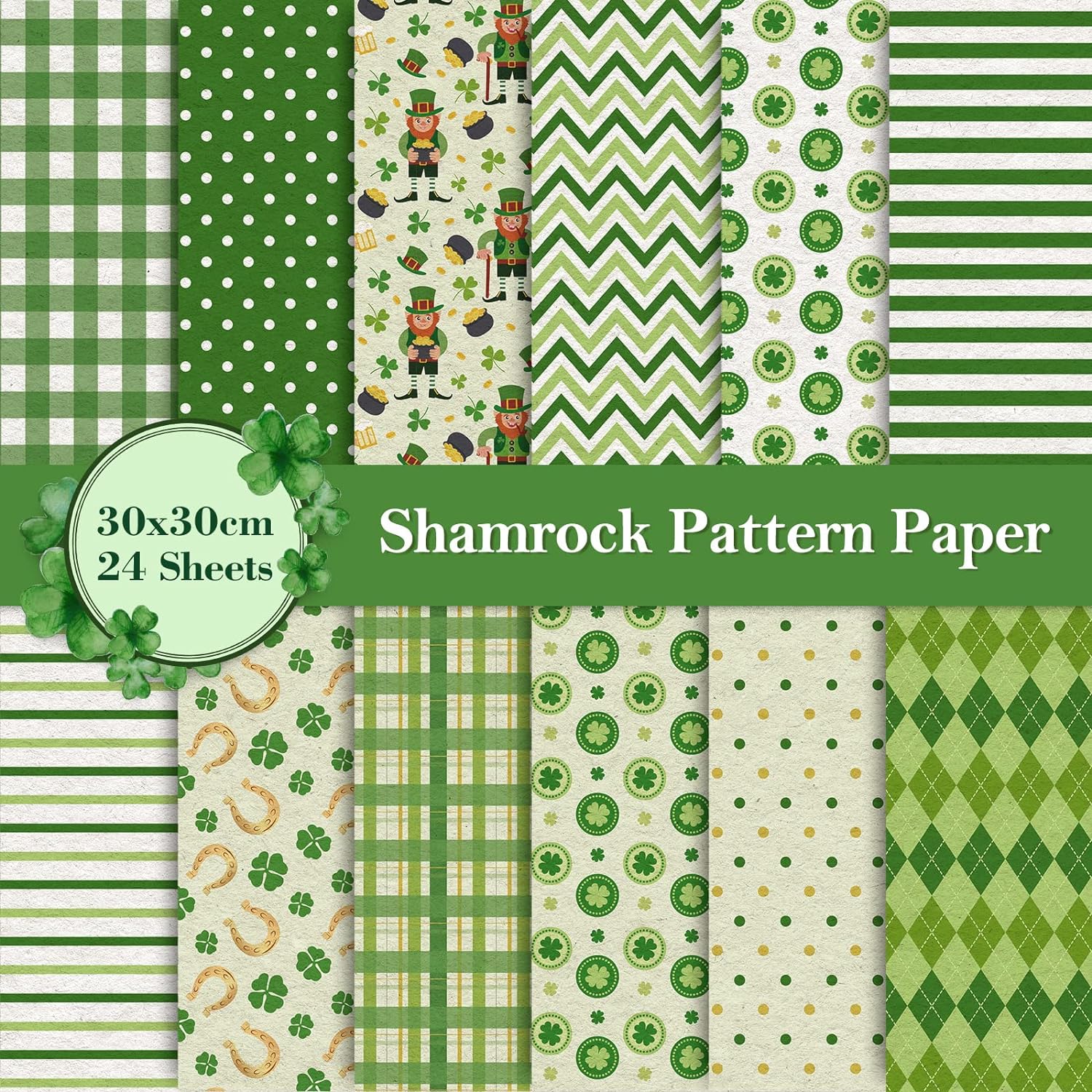 Whaline 12 Designs St. Patrick' Day Pattern Paper 24 Sheet Green Lucky Clover Stripe Plaid Dot Scrapbook Paper Double-Sided Decorative Craft Paper Folded Flat for Card Making Scrapbook, 30 x 30cm