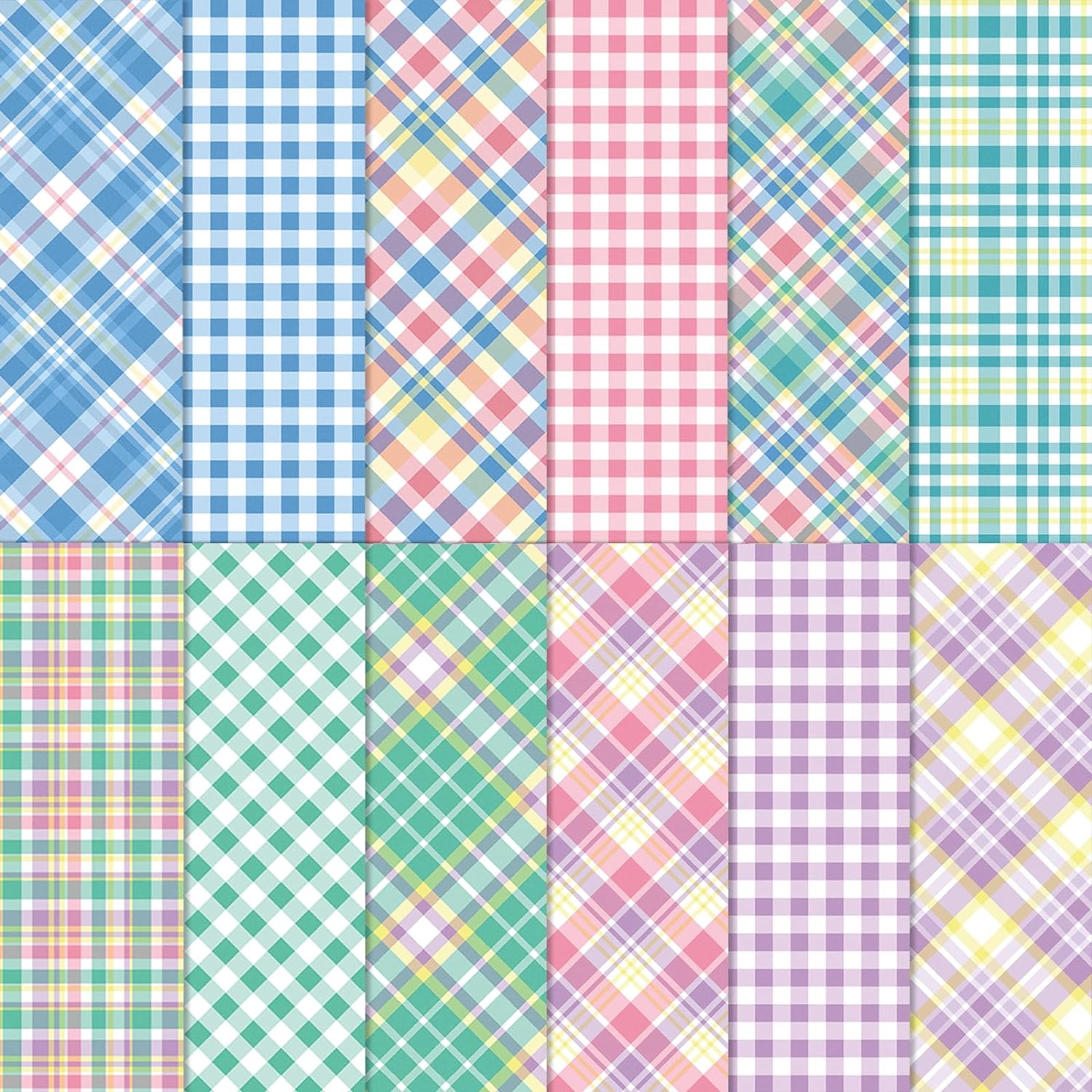 Whaline 12Pcs Spring Plaid Cotton Fabric Bundles 18 x 22 Inch Tartan Printed Fat Quarters Purple Green Pink Blue Quilting Patchwork Squares Sewing Fabrics for DIY Handmade Crafting Home Party Decor