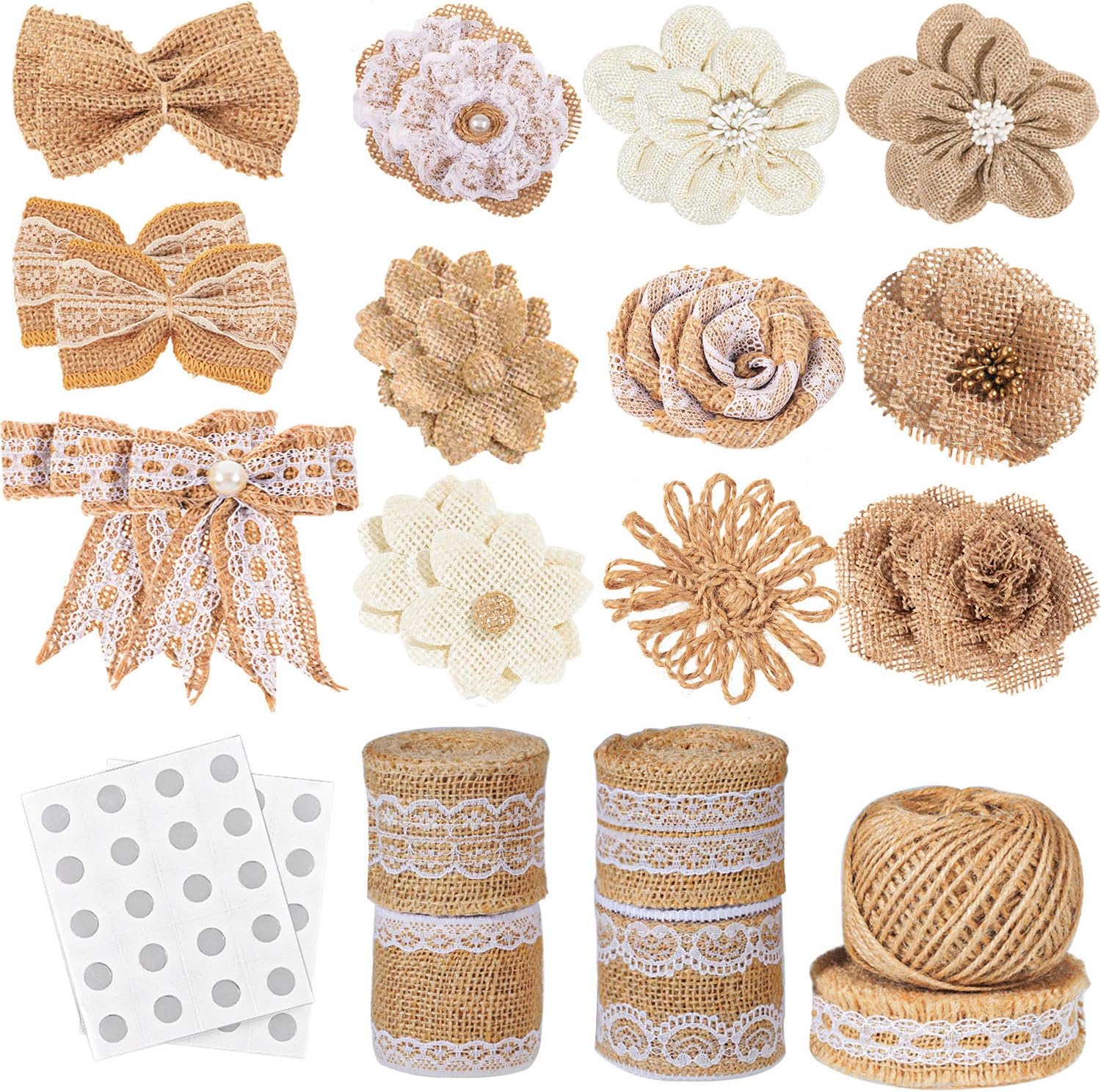 Whaline 30PCS Burlap Flowers Set, Include 5 Lace Burlap Ribbon Rolls, 24 Handmade Burlap Flowers and Bowknots, 1 Twine Ribbon and Glue Point for Wedding Party Decor Home Embellishment DIY Crafts