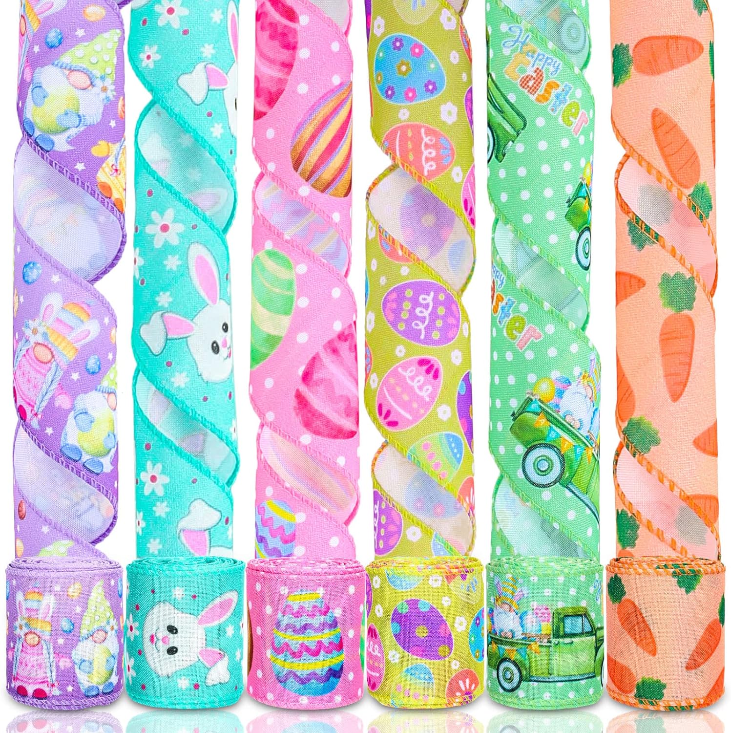 Whaline 6 Roll Easter Wired Edge Ribbon 30 Yards Easter Egg Bunny Rabbit Carrot Truck Gnome Patterned Fabric Ribbon Spring Decorative Craft Ribbon for Gift Wrapping Hair Bow Sewing Wreath Crafts