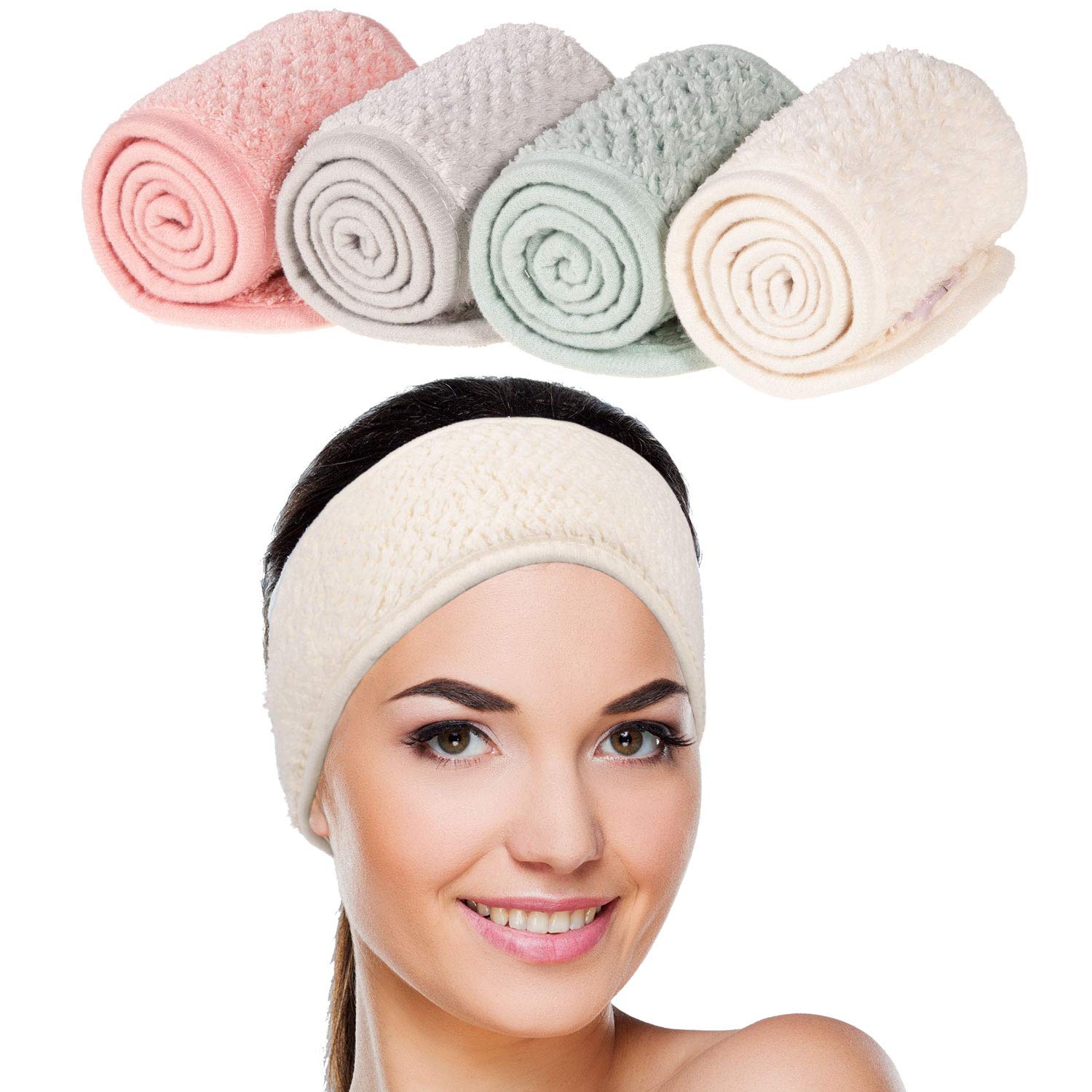 Whaline 4 Pack Spa Facial Headband Makeup Hair Wrap Adjustable Hair Band Soft Towel Head Band for Face Washing, Shower Sports Yoga (Pea Green, Pink, Beige, Light Gray)