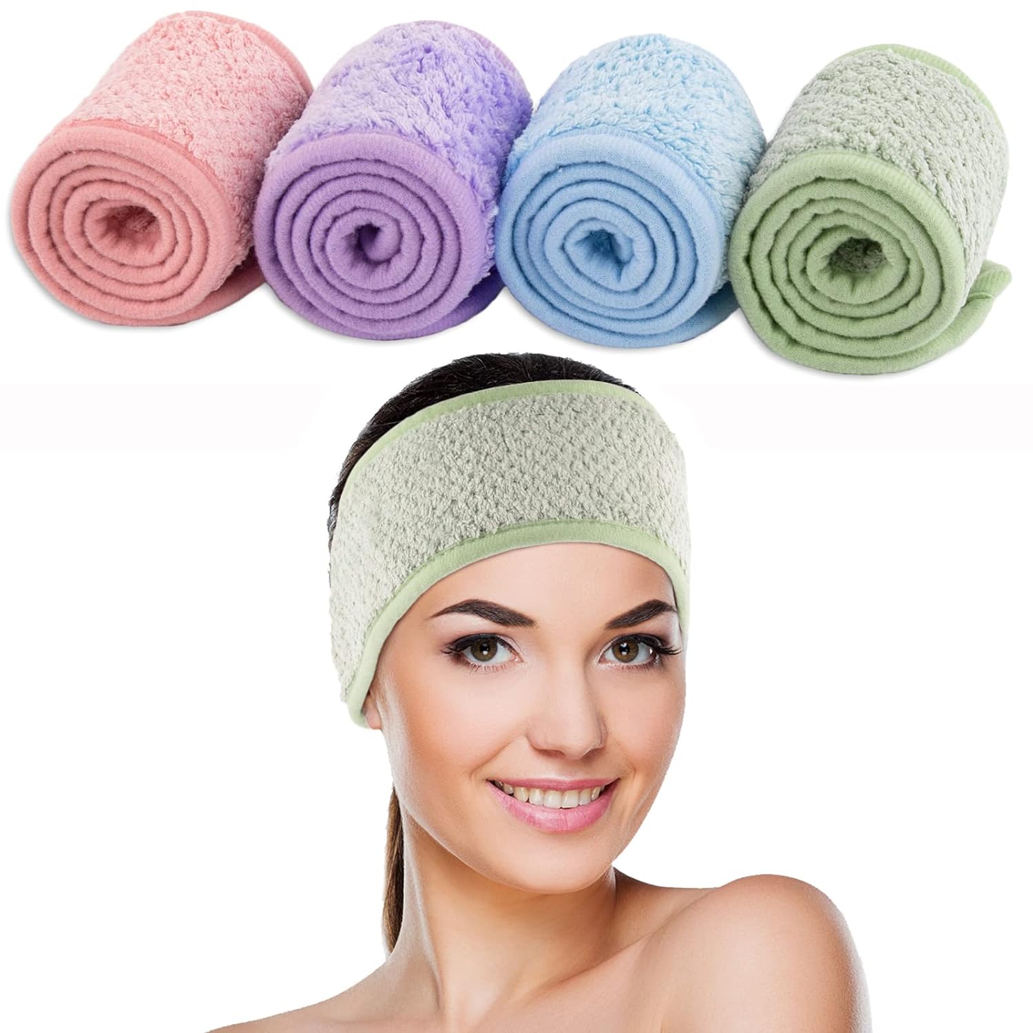 Whaline 4Pcs Spa Facial Headband Super Absorption Makeup Hair Wrap Adjustable Coral Fleece Hair Band Soft Towel Head Band for Face Washing Shower Sports