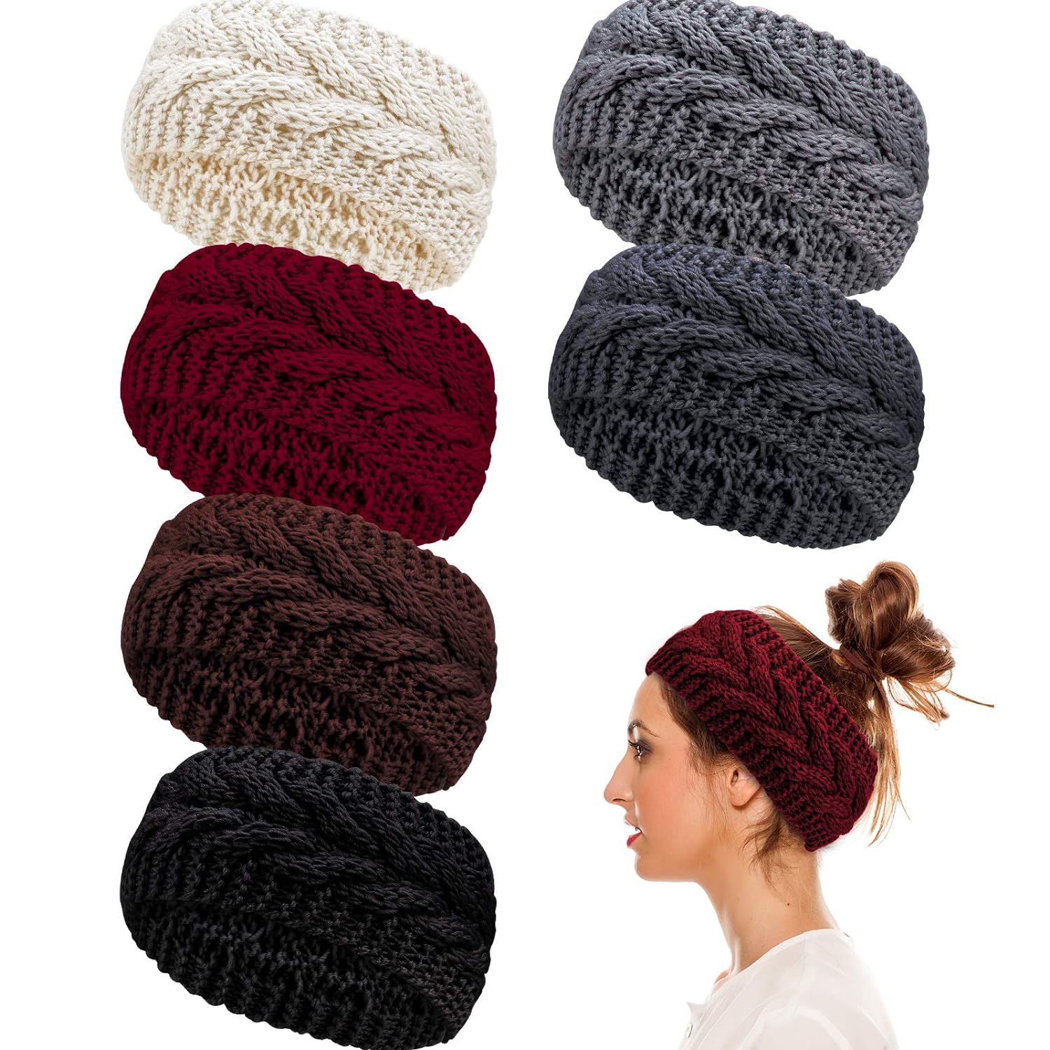 Whaline 6 Pieces Twist Knitted Headbands Winter Ear Warmers, Crocheted Turban Head Wraps Elastic Hair Band Accessories, Hair Scrunchies Scarves for Women Girls (Autumn&Winter Colors)