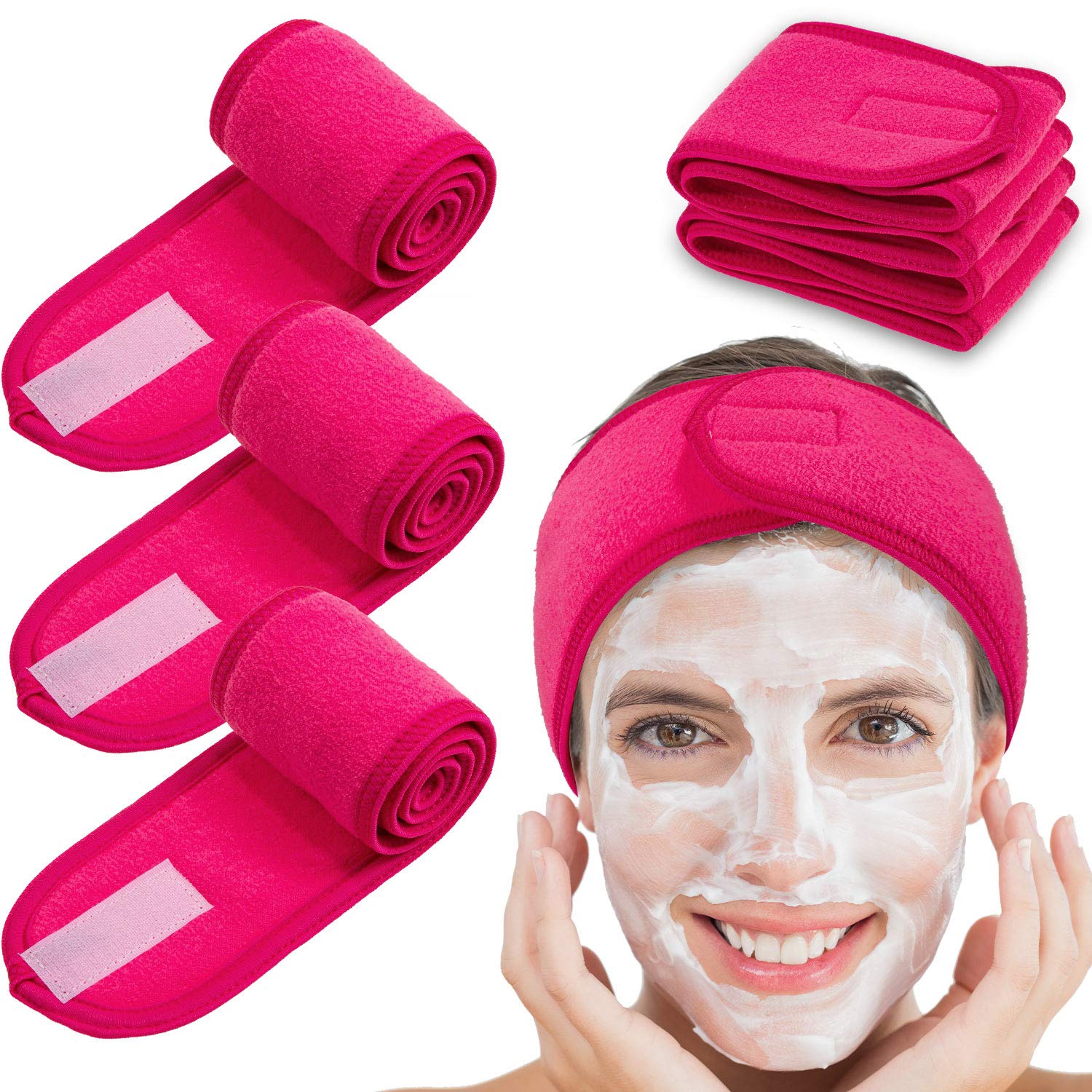 Spa Facial Headband Whaline 4 Packs Head Wrap Terry Cloth Headband Adjustable Stretch Towel for Bath, Makeup and Sport (Rose Red)