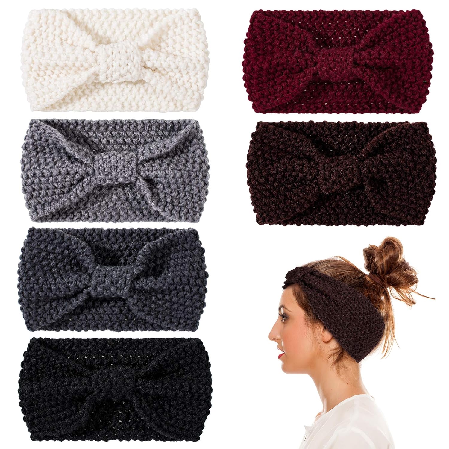 Whaline 6 Pieces Knit Headbands Winter Ear Warmers, Elastic Turban Head Wraps with Crocheted Bow Knot, Hair Band Accessories, Hair Scrunchies Scarves for Women Girls (Autumn&Winter Colors)