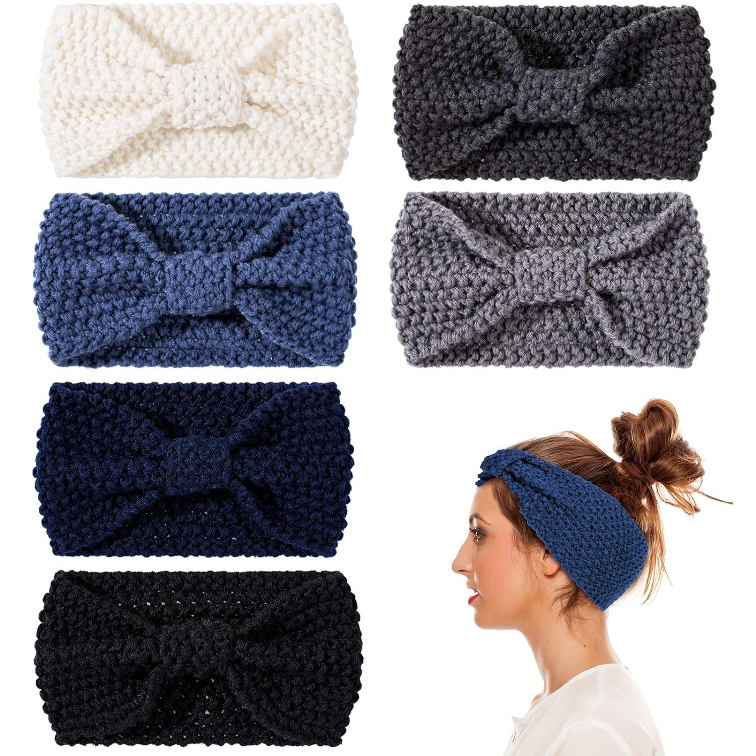 Whaline 6 Pieces Knit Headbands Winter Ear Warmers, Elastic Turban Head Wraps with Crocheted Bow Knot, Hair Band Accessories, Hair Scrunchies Scarves for Women Girls (Blue Grey Colors)