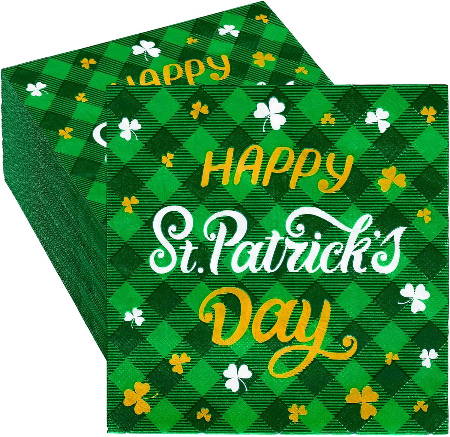 Whaline 80Pcs Happy St. Patrick' Day Paper Napkin Irish Green Buffalo Plaid Disposable Napkin Decorative Luncheon Dinner Napkin for Holiday Home Kitchen Party Supplies Table Decor, 6.5 x 6.5 Inch