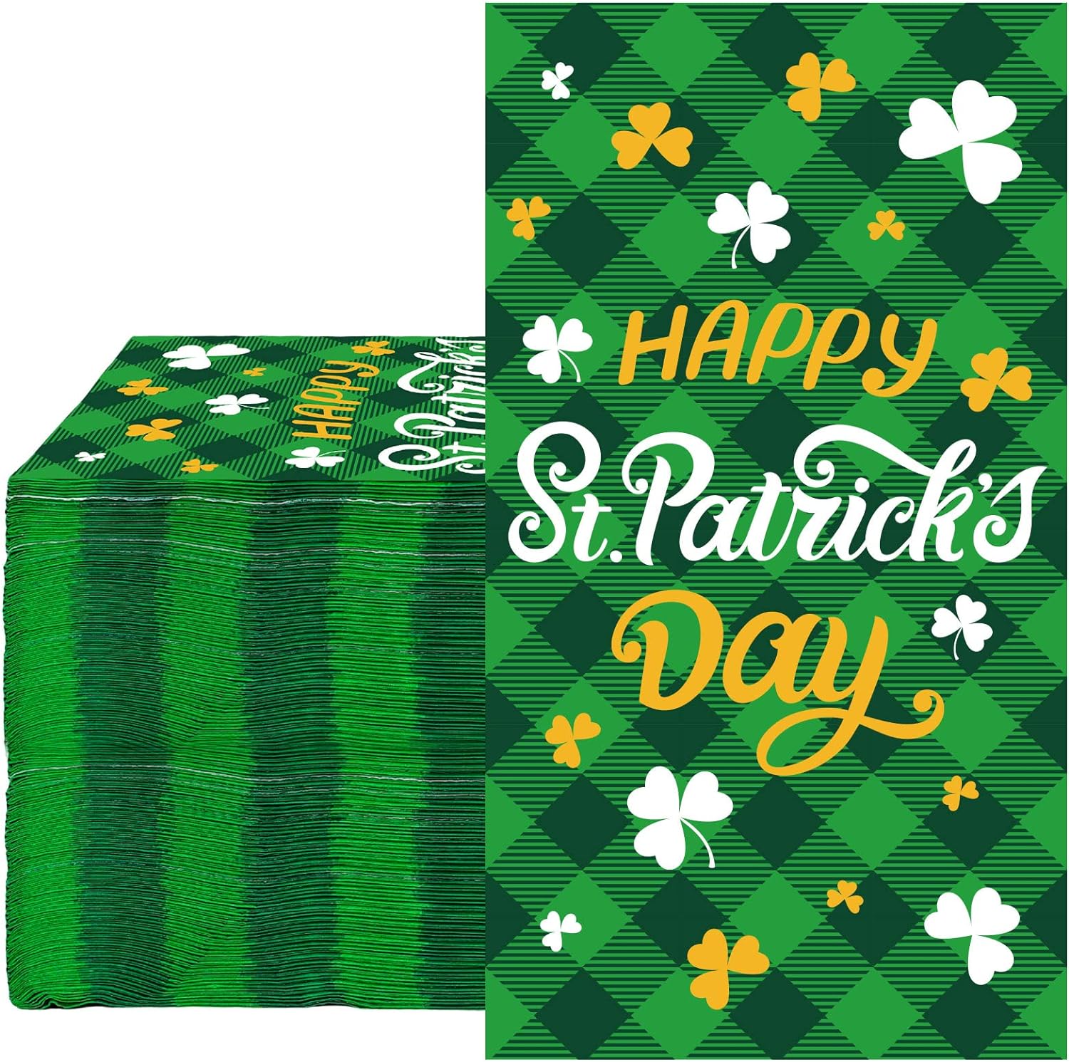 Whaline 80 Pack St. Patrick' Day Guest Napkins Shamrock Lucky Clover Disposable Paper Napkins Irish Green Buffalo Plaids Hand Towels for Irish Holiday Party Dinner Supplies, 4.3 x 7.9 Inch