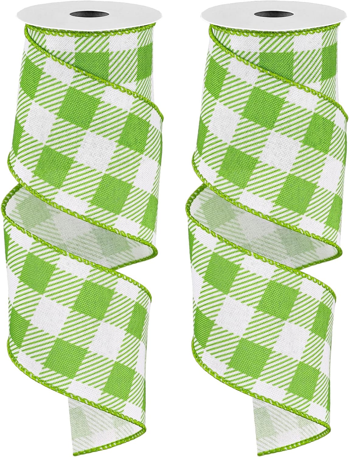 Whaline 2 Rolls Wired Edge Plaids Ribbon Buffalo Check Ribbon Light Green White Plaids Ribbon 2.5 Inch Farmhouse Craft Ribbon for DIY Gift Wrapping Wreath Christmas Tree Bow Decoration, 10 Yards