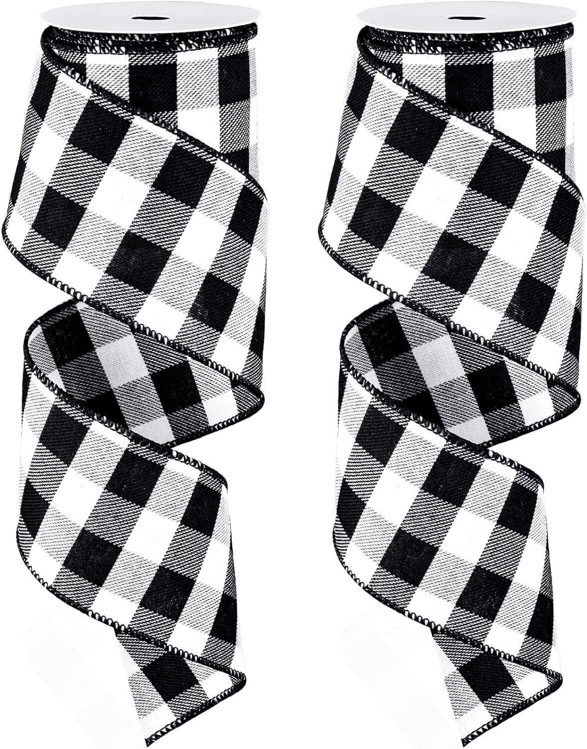 Whaline 2 Rolls Wired Edge Plaid Ribbon Christmas Buffalo Check Ribbon White Black Plaid Ribbon 2.5 Wide Farmhouse Craft Ribbon for DIY Gift Wrapping Wreath Xmas Tree Bow Decoration, 10 Yard