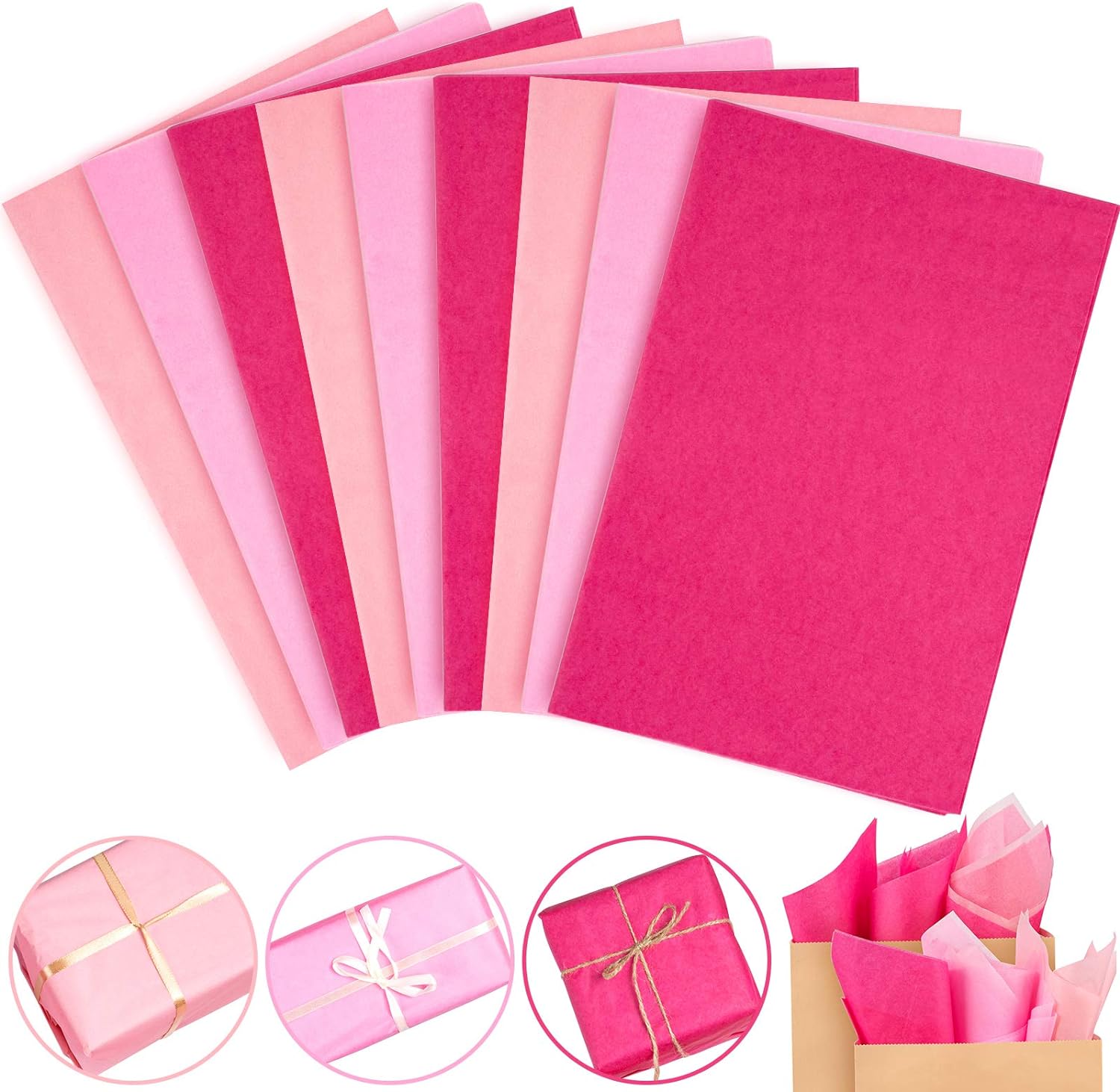 Whaline Assorted Gift Pink Tissue Paper 120 Sheet Gift Wrapping Paper 15 x 20 Inch Gift Wrap Tissue Paper Art Paper Crafts for DIY Gift Wrapping Birthday Easter Wedding Holiday, 3 Colors